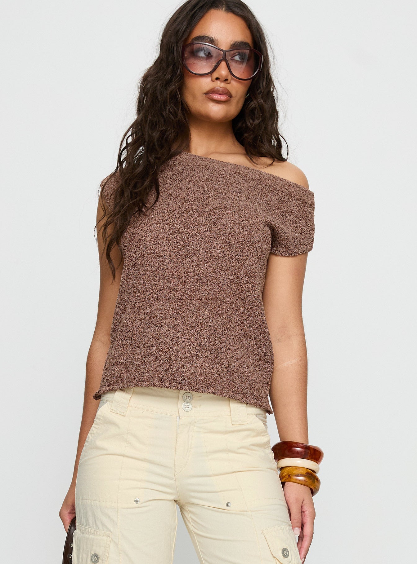 Ashfield Off Shoulder Top Brown - Image 2