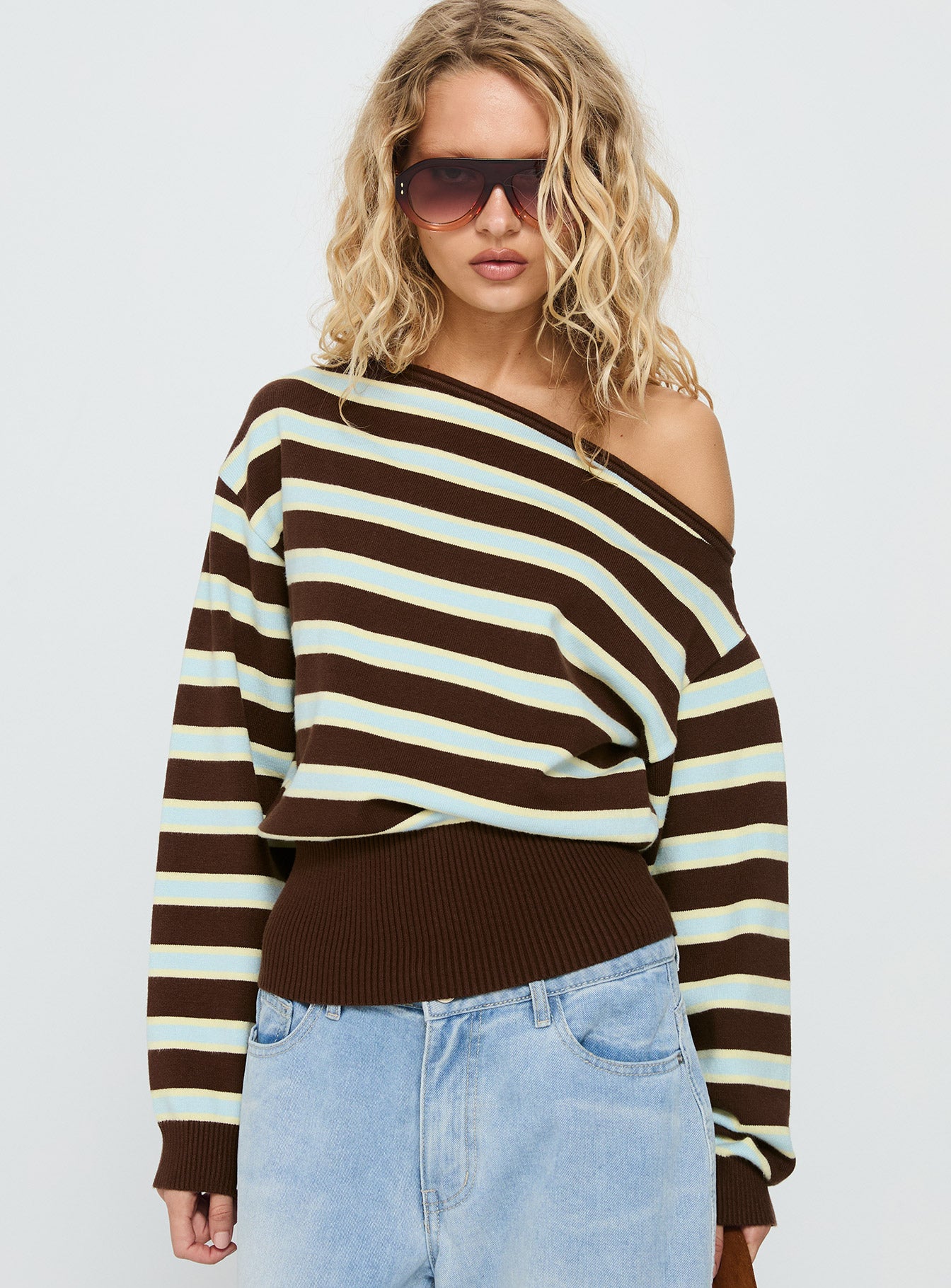 Zinia Off Shoulder Knit Sweater Brown Blue Stripe - Image 2