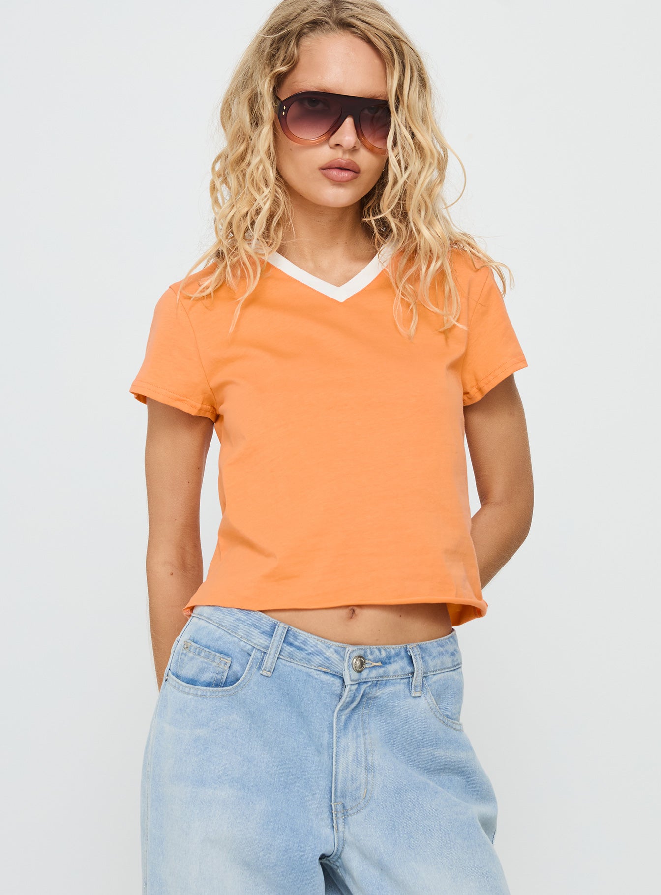 That Way V Neck Top Orange  White