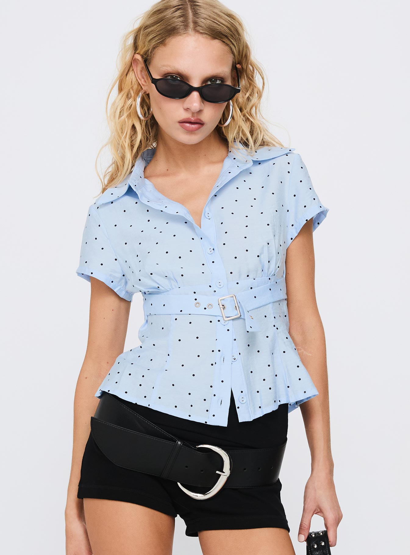 Esteem Buckle Detail Short Sleeve Shirt Blue Polka - Image 2