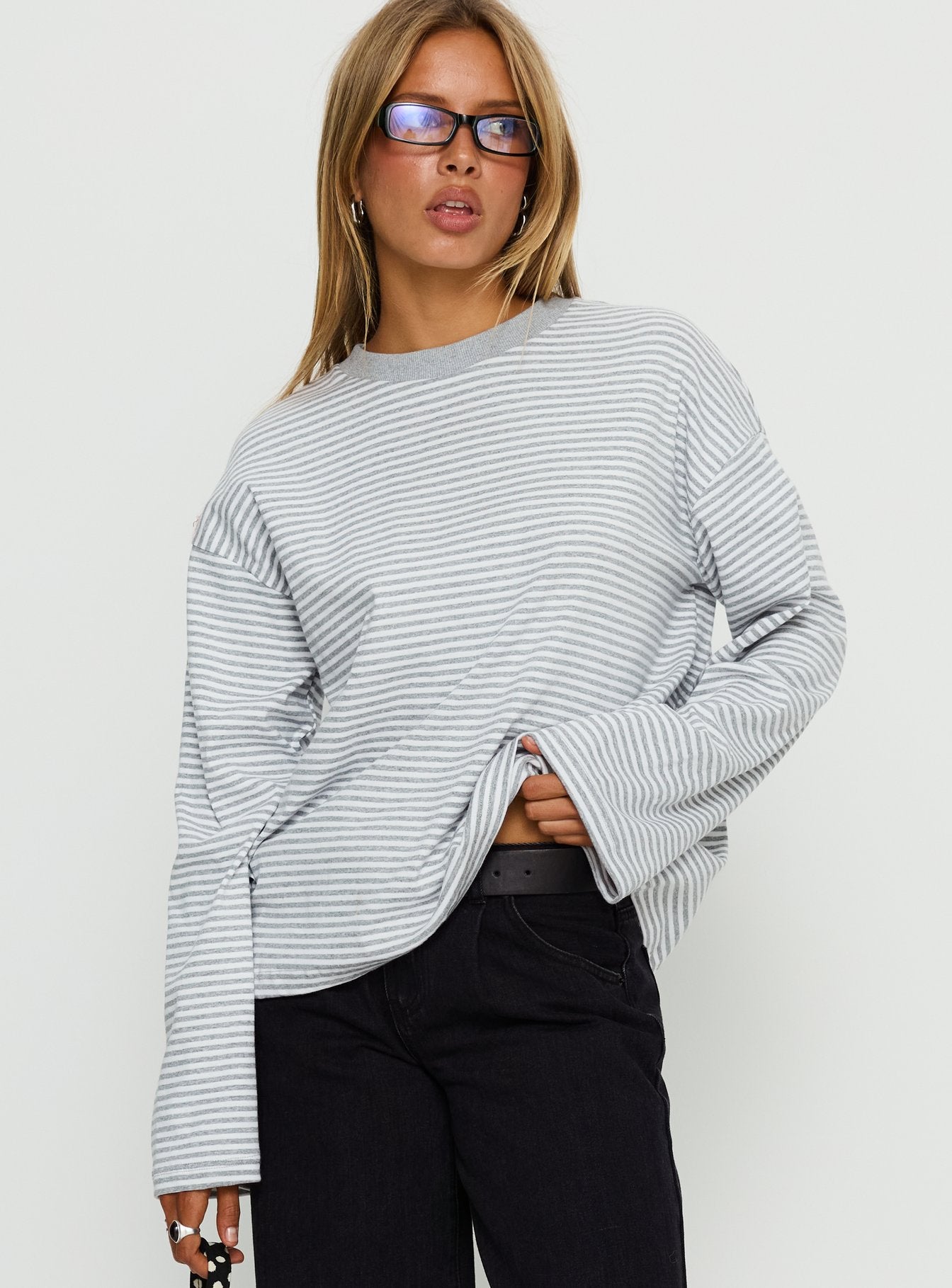 Settle Down Long Sleeve Top Grey White Stripe - Image 2