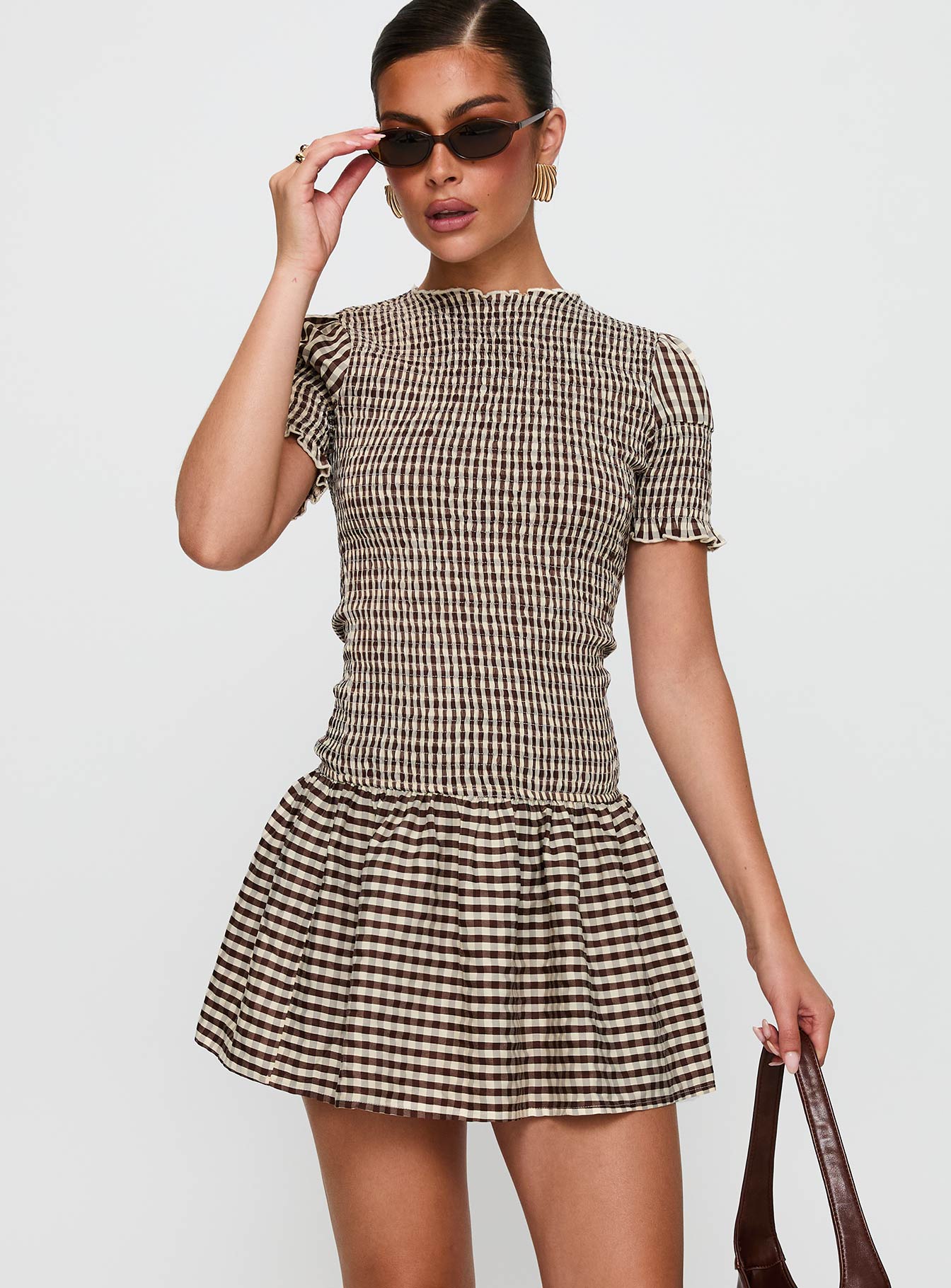 Laurita Shirred Mini Dress Brown Check Tall - Image 2