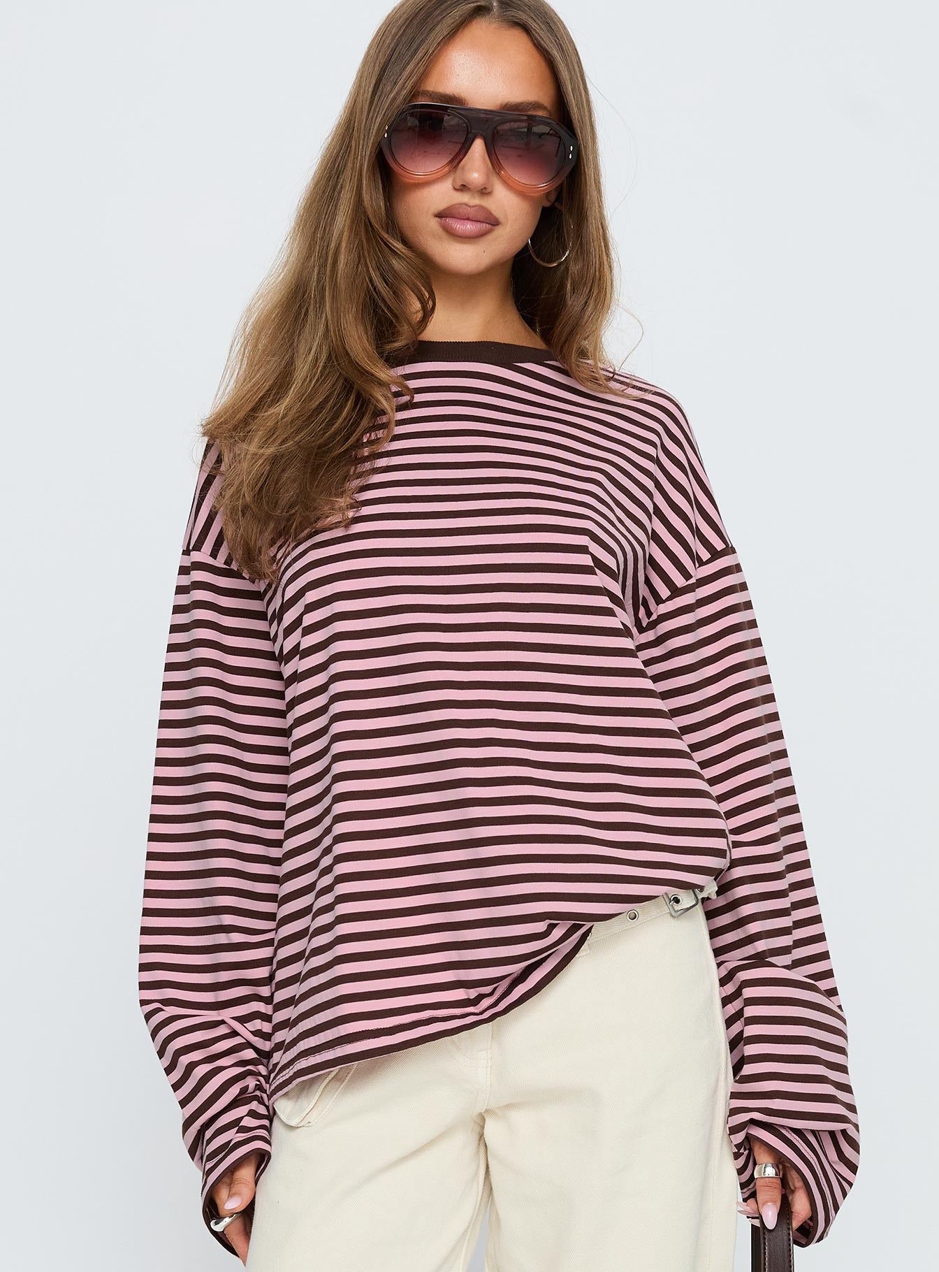 Settle Down Long Sleeve Top Pink Brown Stripe - Image 2