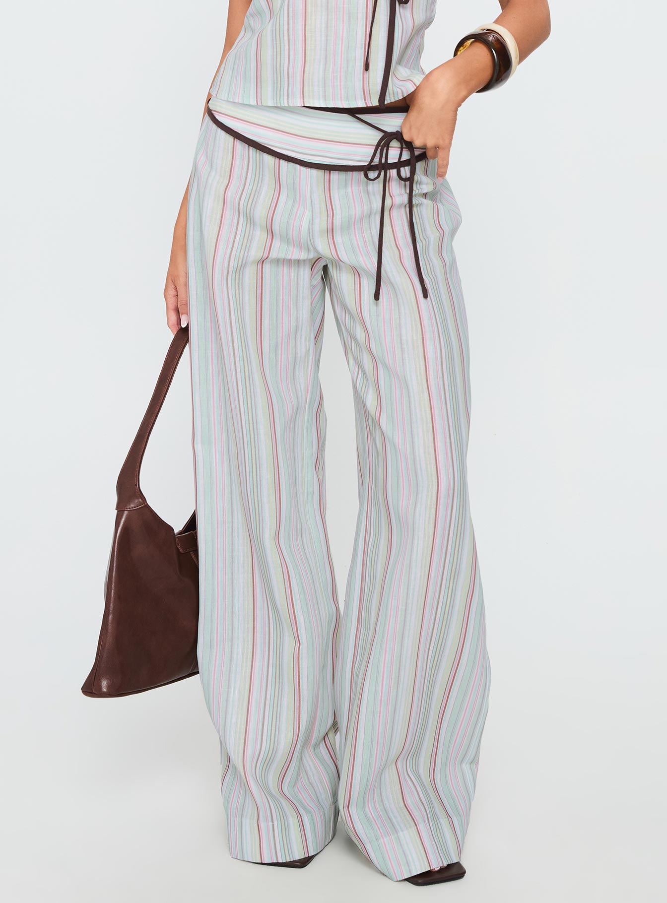 Taylar Thick Waistband Tie Pants Green Stripe - Image 2