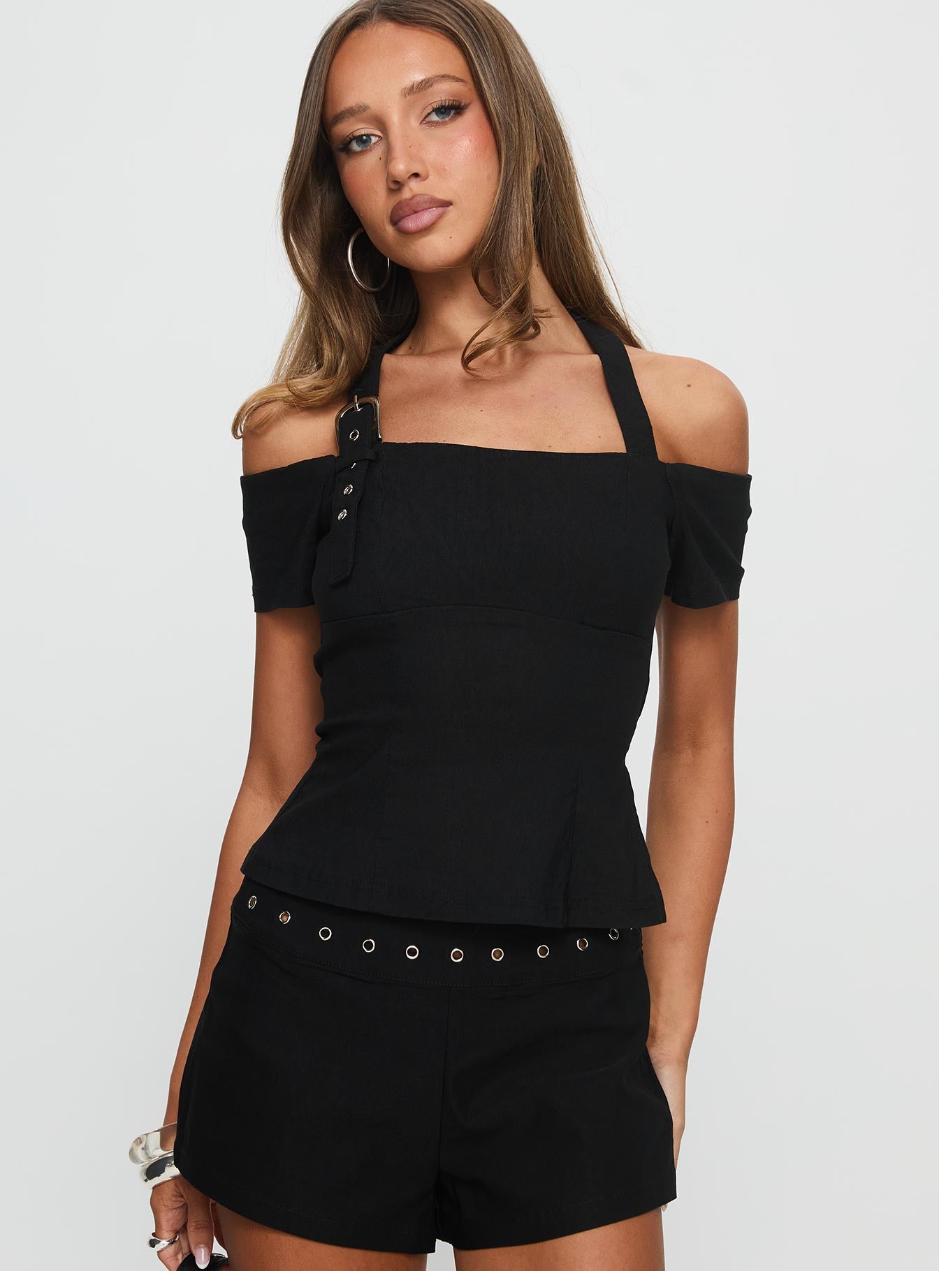 Elaini Buckle Off Shoulder Top Black - Image 2