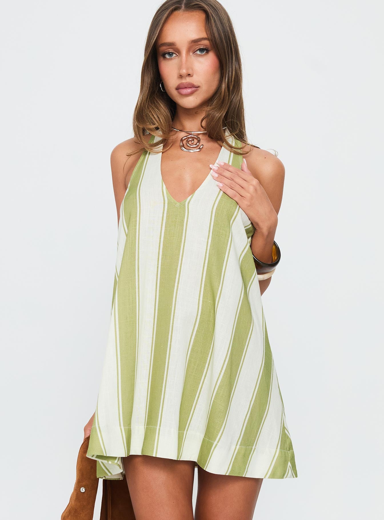 Khaia Halter Mini Dress Green  Cream Stripe