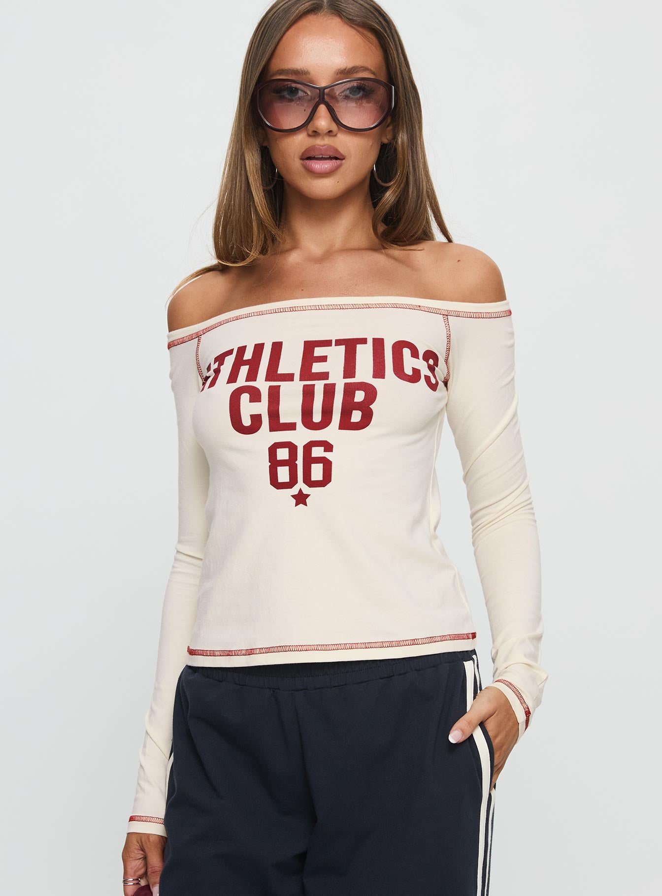 Athletics Club Long Sleeve Graphic Top Cream Red - Image 2
