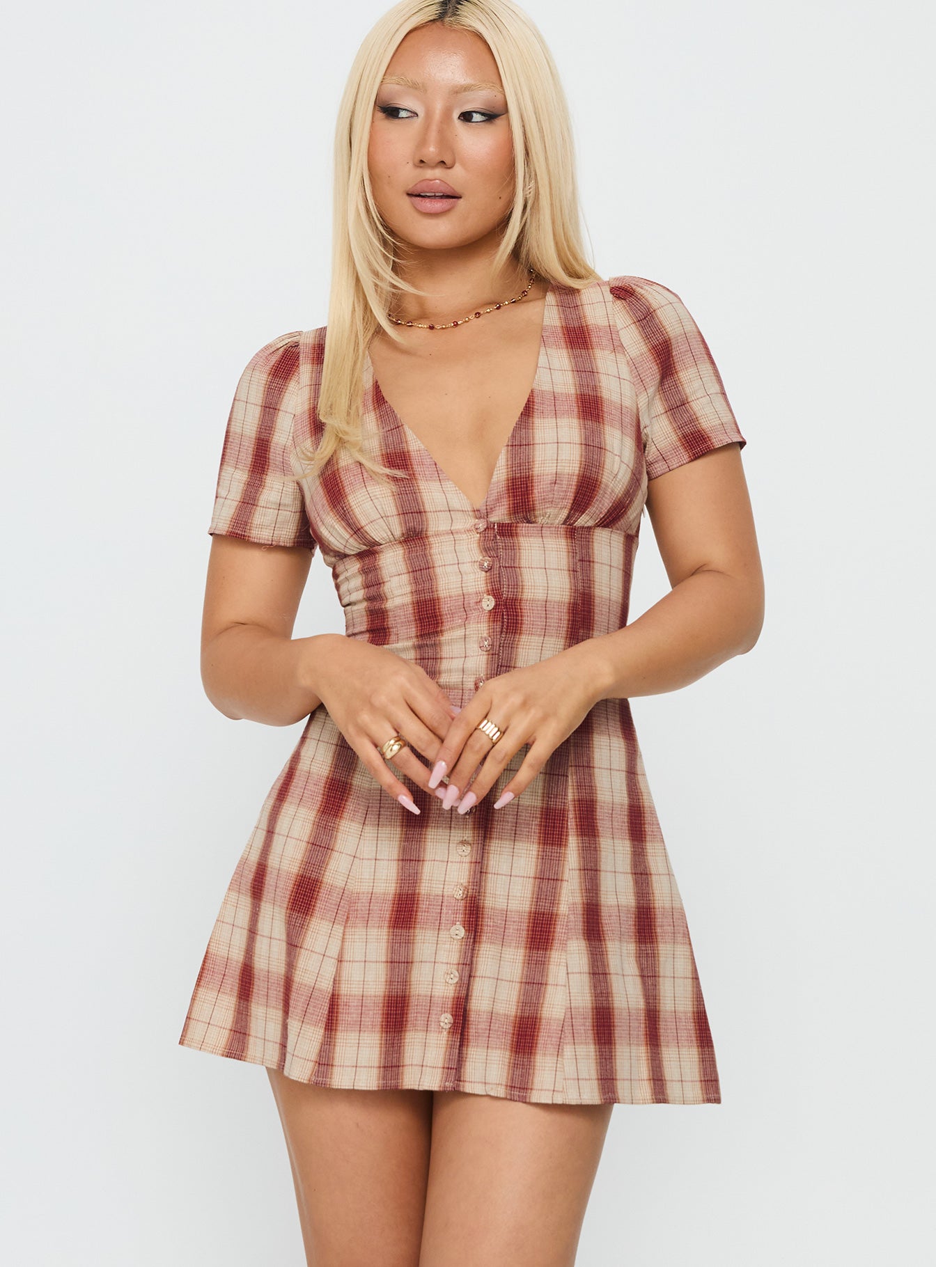 Twist Of Fate V Neck Mini Dress Plaid - Image 2