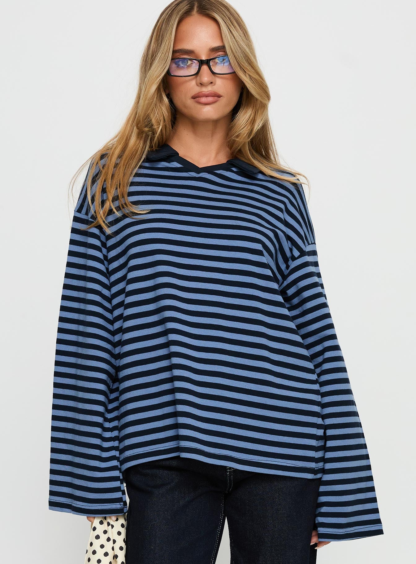 Settle Down Collared Long Sleeve Top Navy Stripe - Image 2