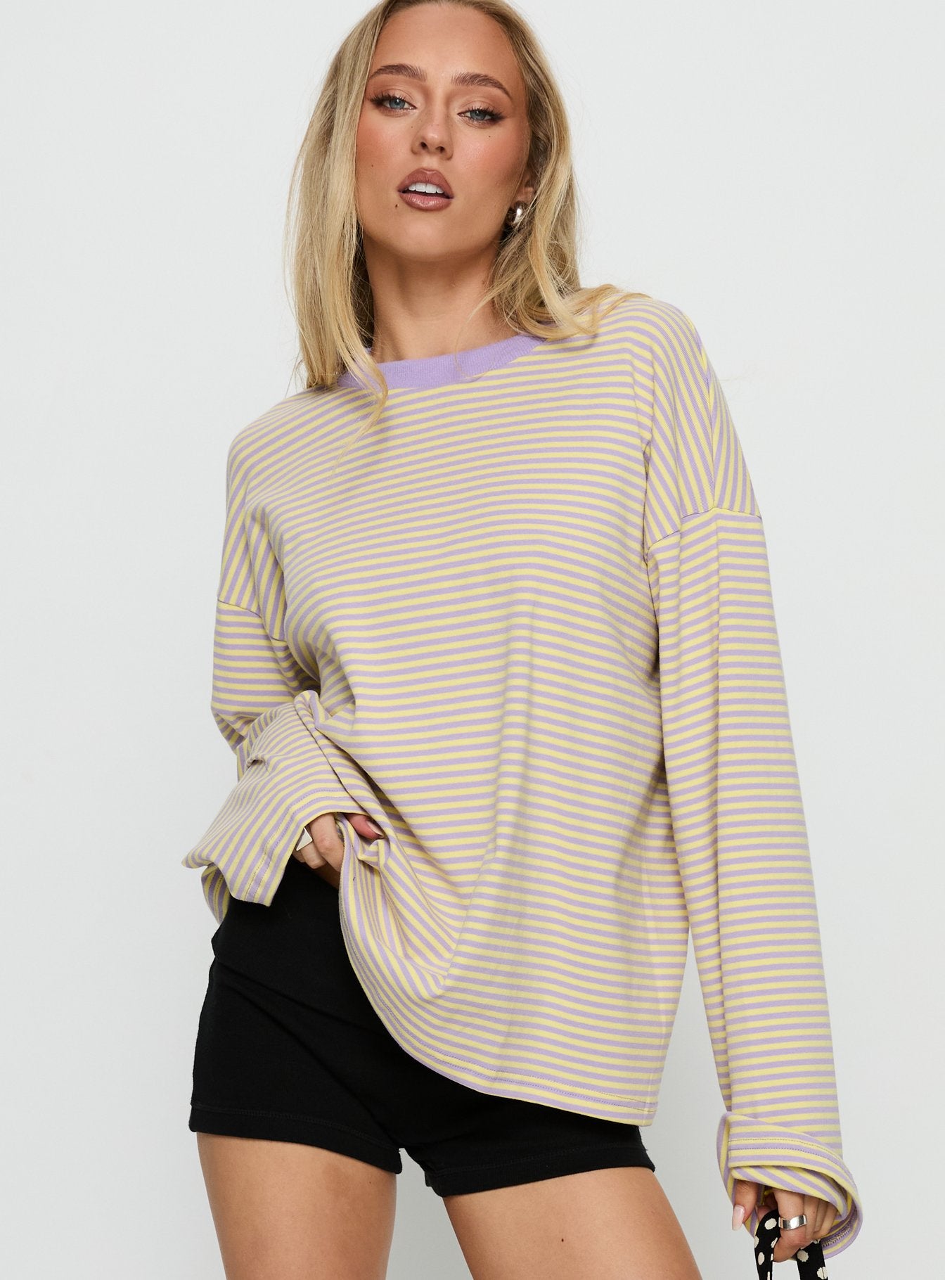 Settle Down Long Sleeve Top Lilac  Lemon Stripe