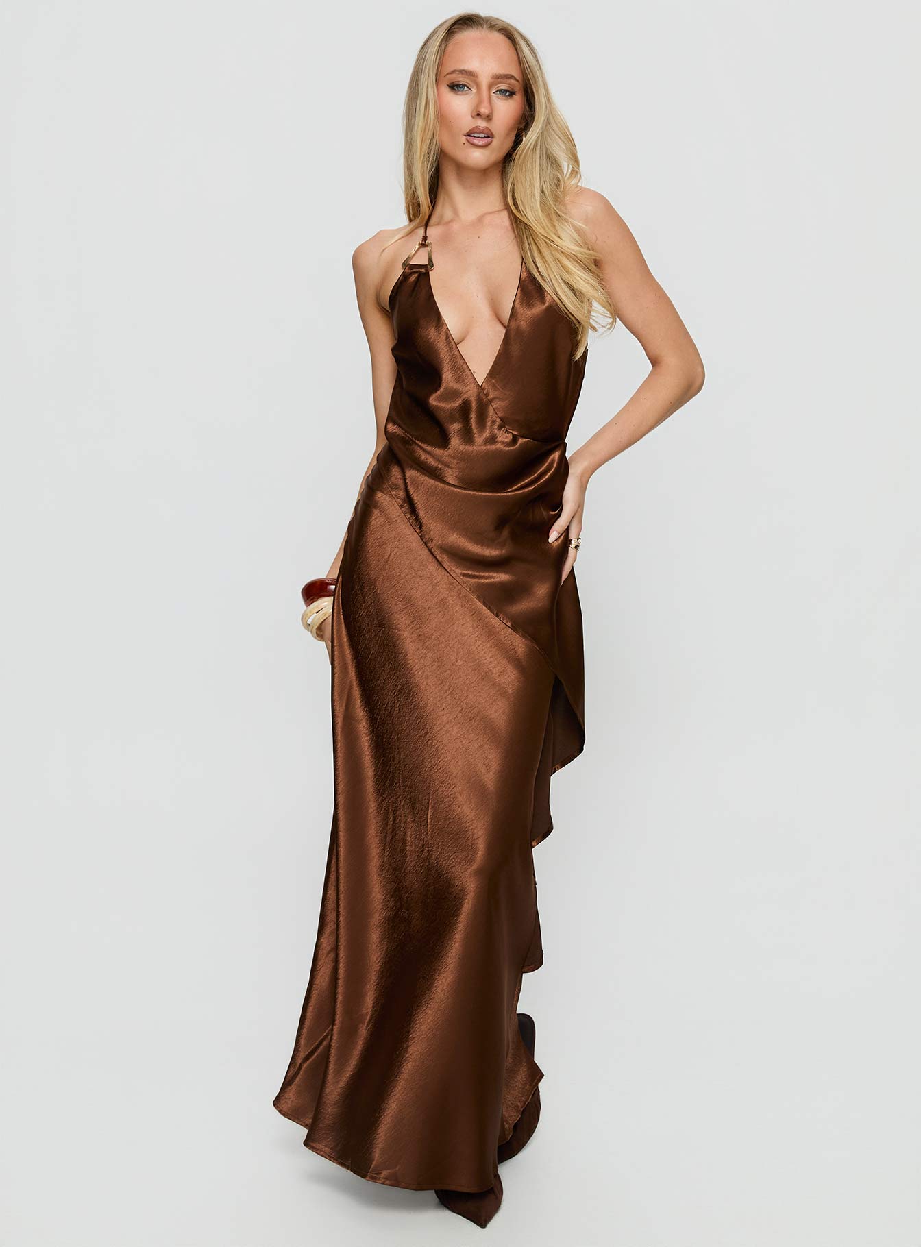 Annissa Plunge Halter Maxi Dress Dark Brown - Image 2