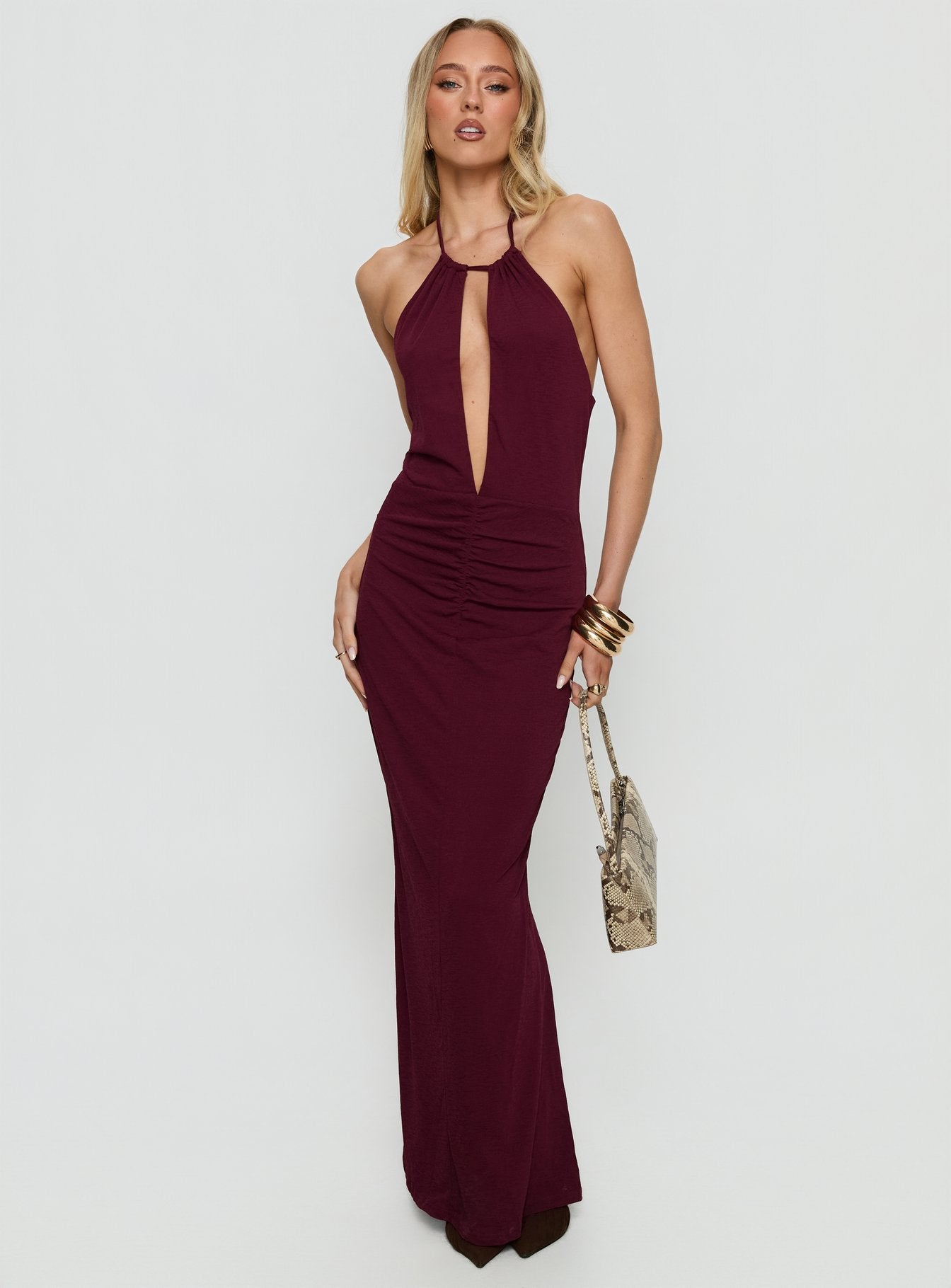 Lyssa Halter Plunge Maxi Dress Plum - Image 2