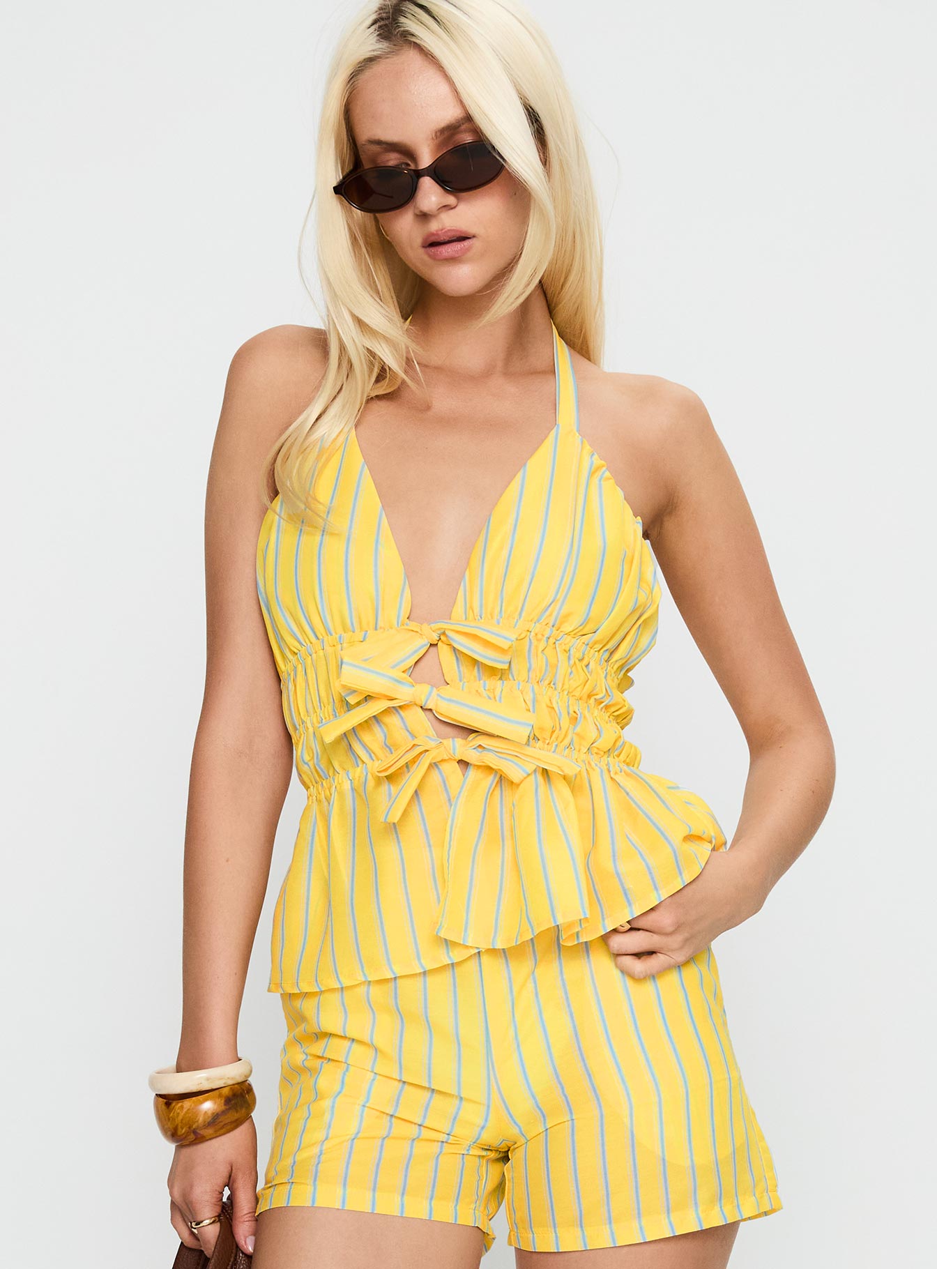 Delicacy Tie Detail Top Yellow Stripe - Image 2