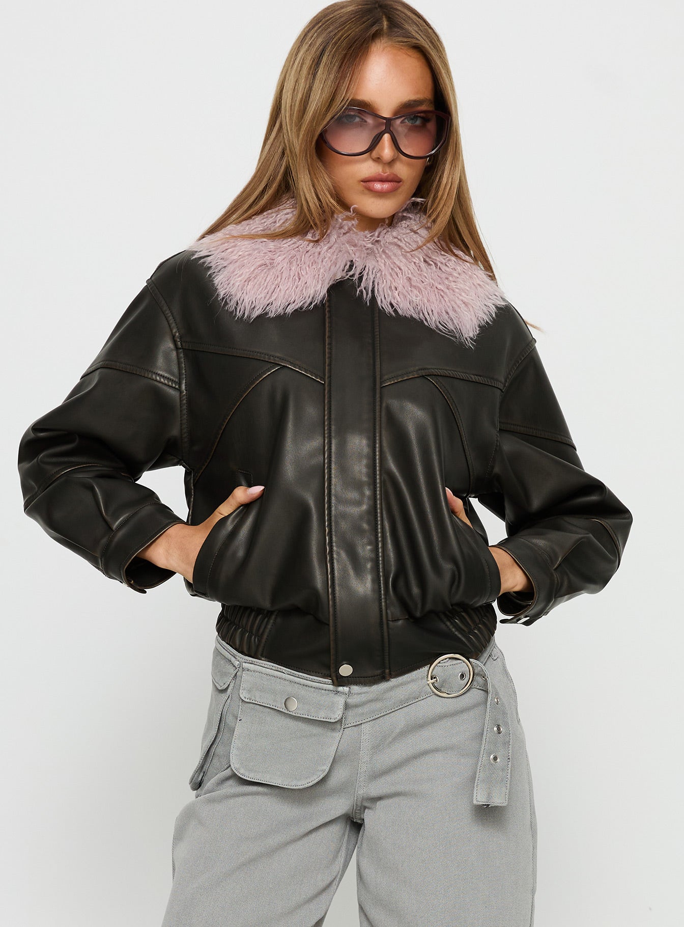 Brittanni Fluffy Collar Jacket Brown Pink - Image 2