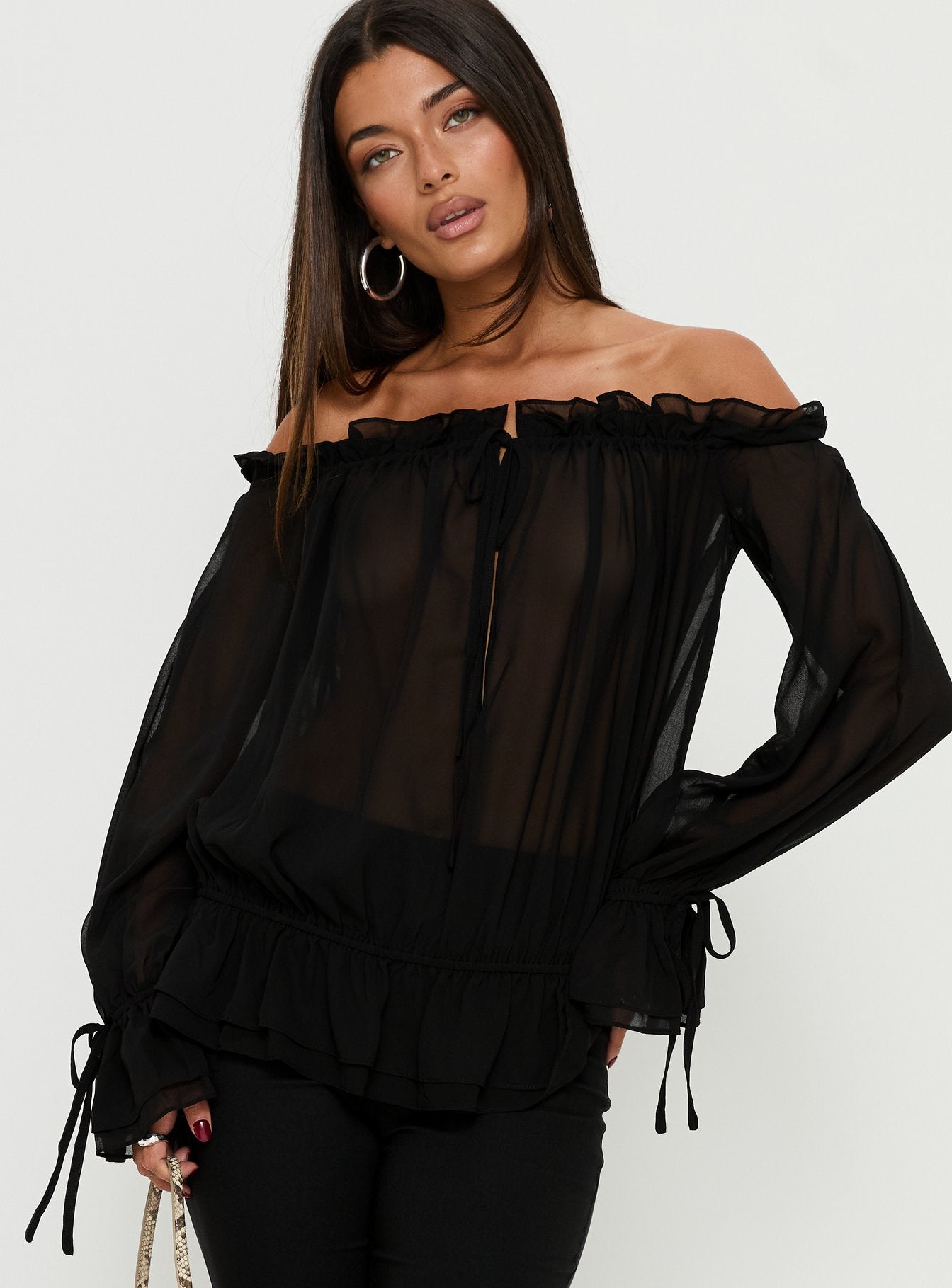 Madelina Frill Long Sleeve Top Black - Image 2