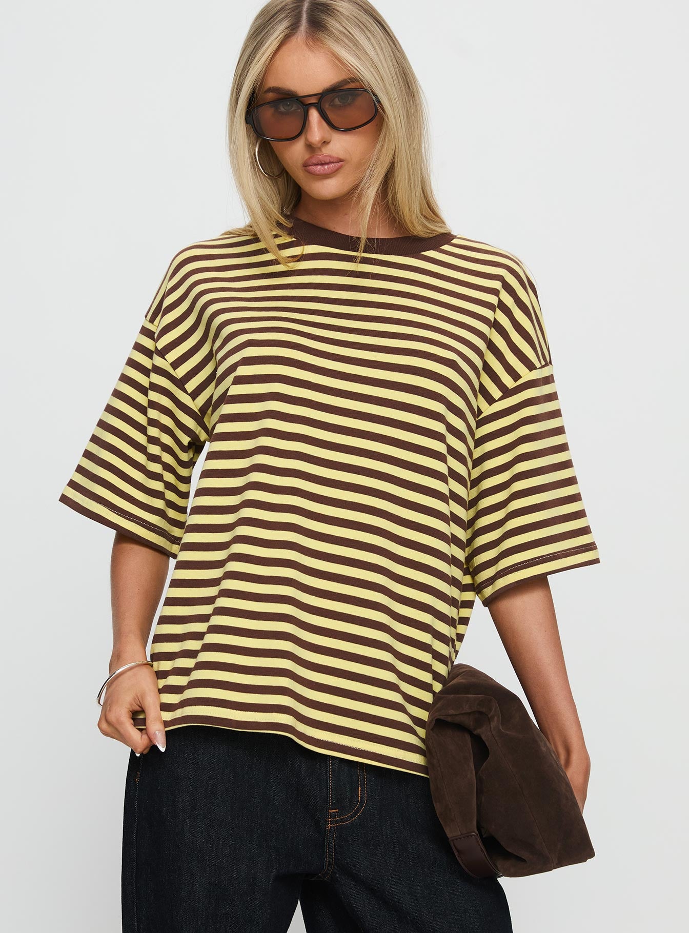 Settle Down Short Sleeve Top Yellow Brown Stripe - Image 2