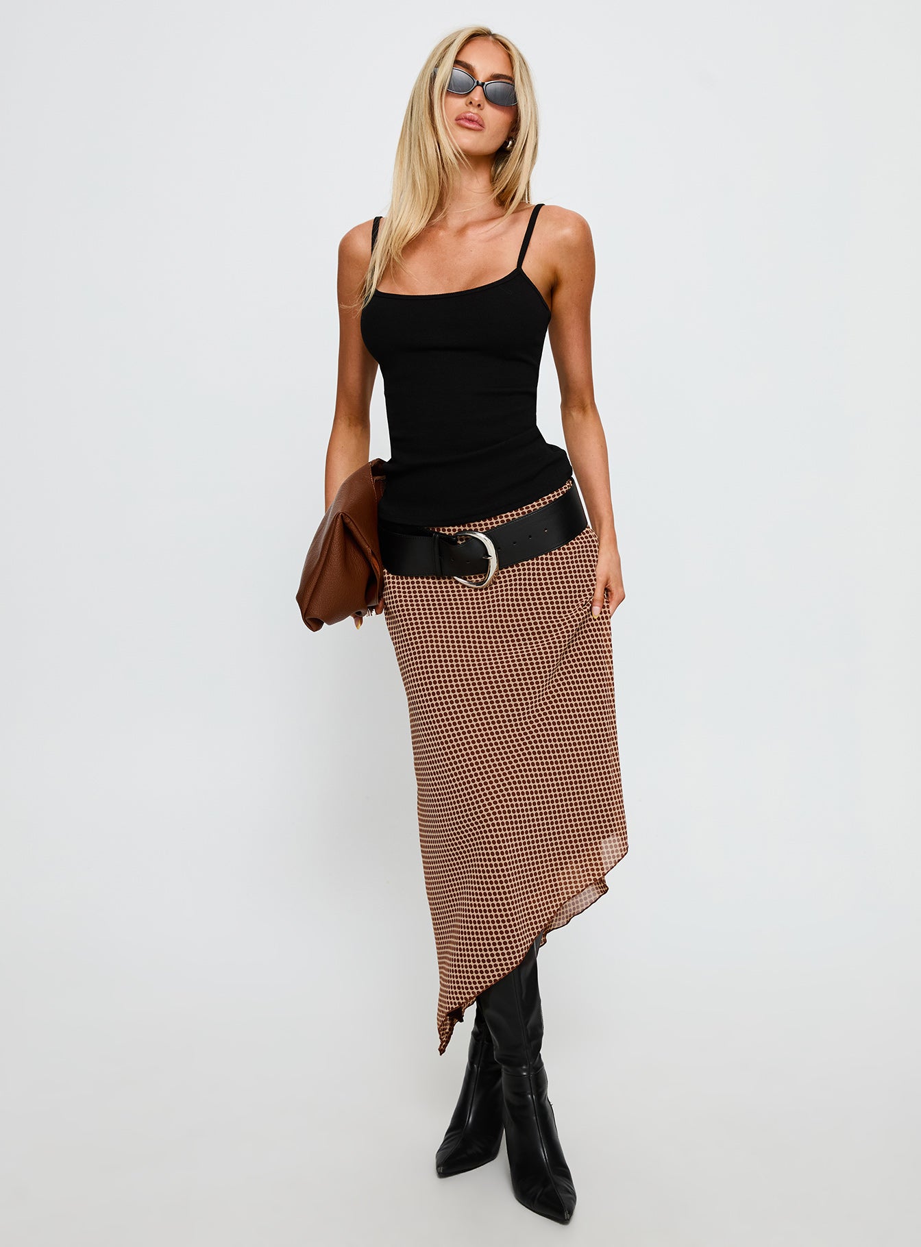 Suella Asymmetrical Midi Skirt Brown Polka Dot - Image 2
