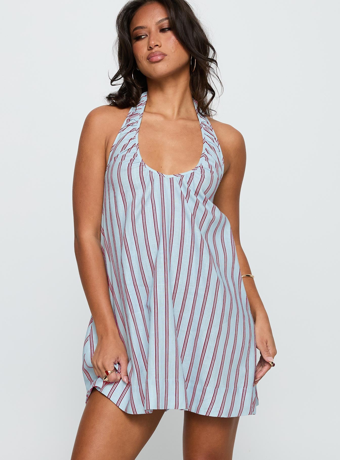 Daydreams Linen Blend Halter Mini Dress Blue Maroon Stripe - Image 2