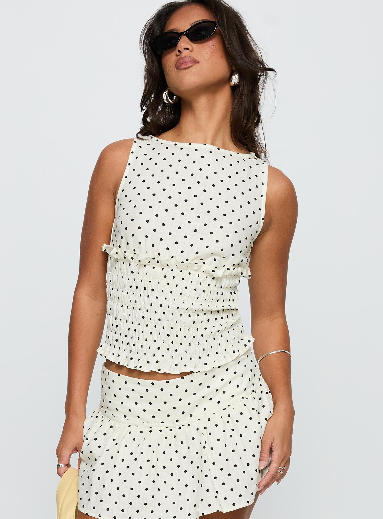 Roxee Ruched Linen Blend Top Cream Polka - Image 2