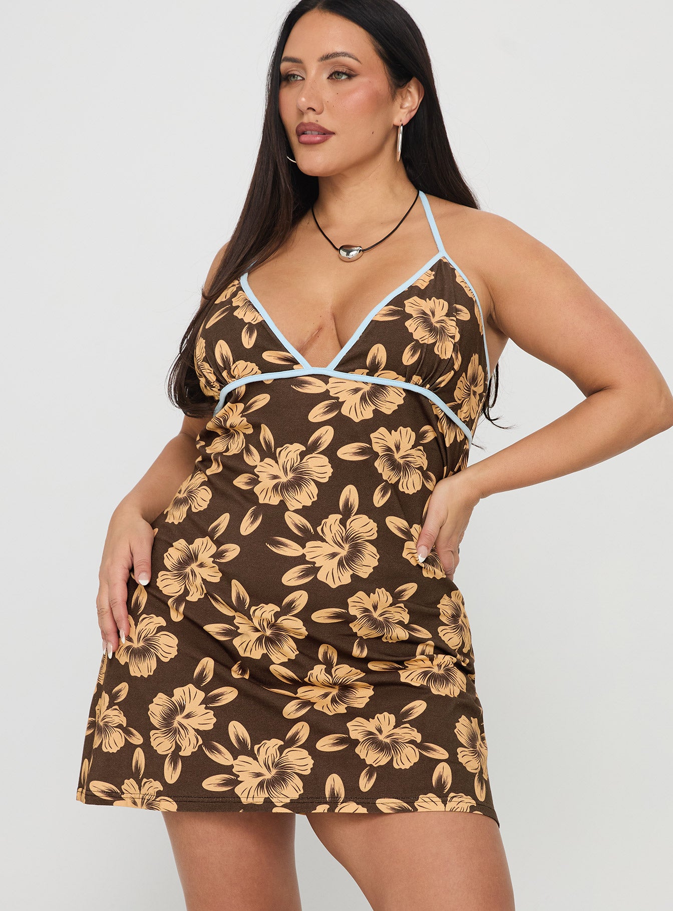 Mishie Halter Mini Dress Brown Blue Floral Curve - Image 2