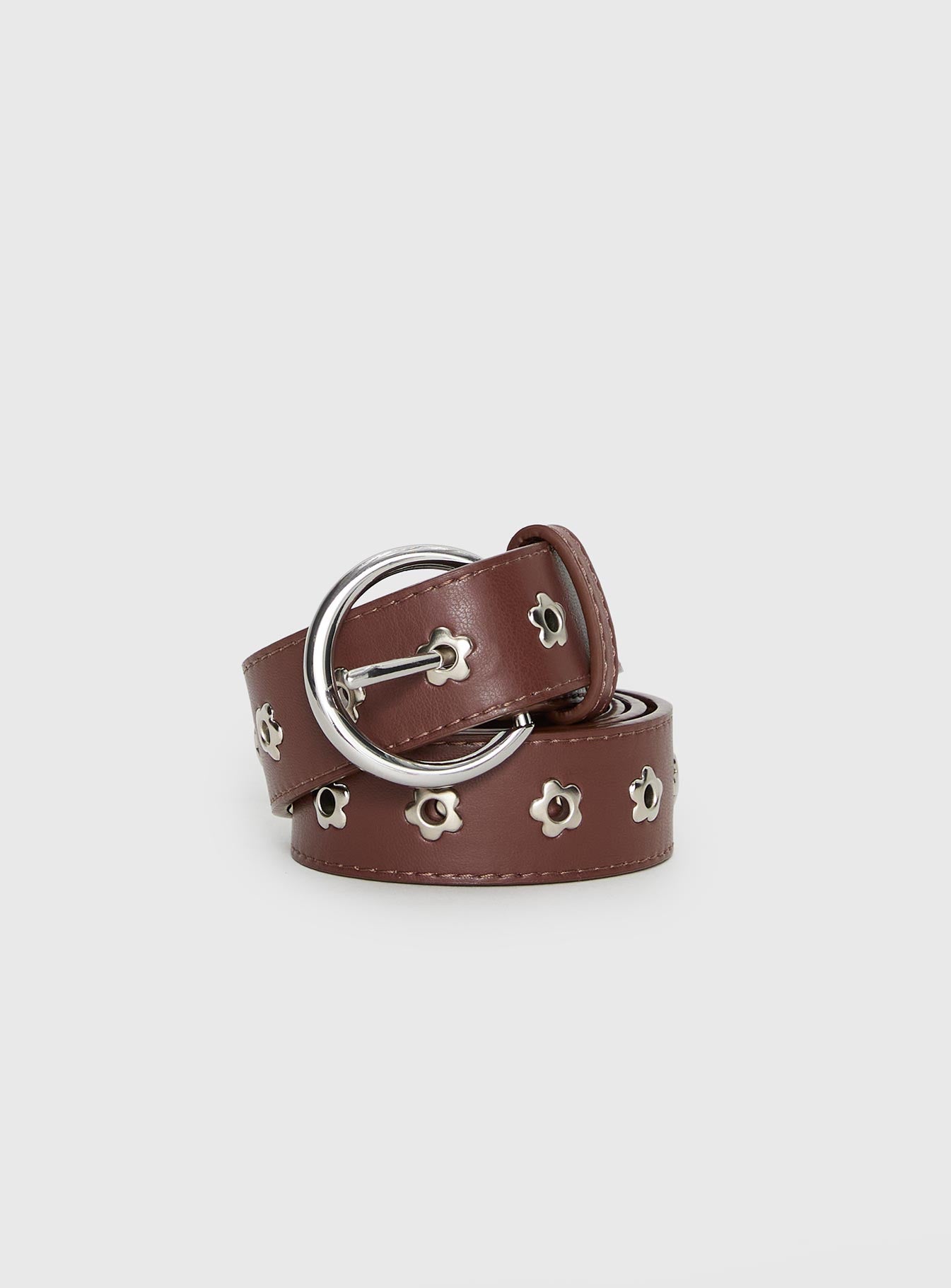 Alstro Faux Leather Flower Studded Belt Brown Silver - Image 2