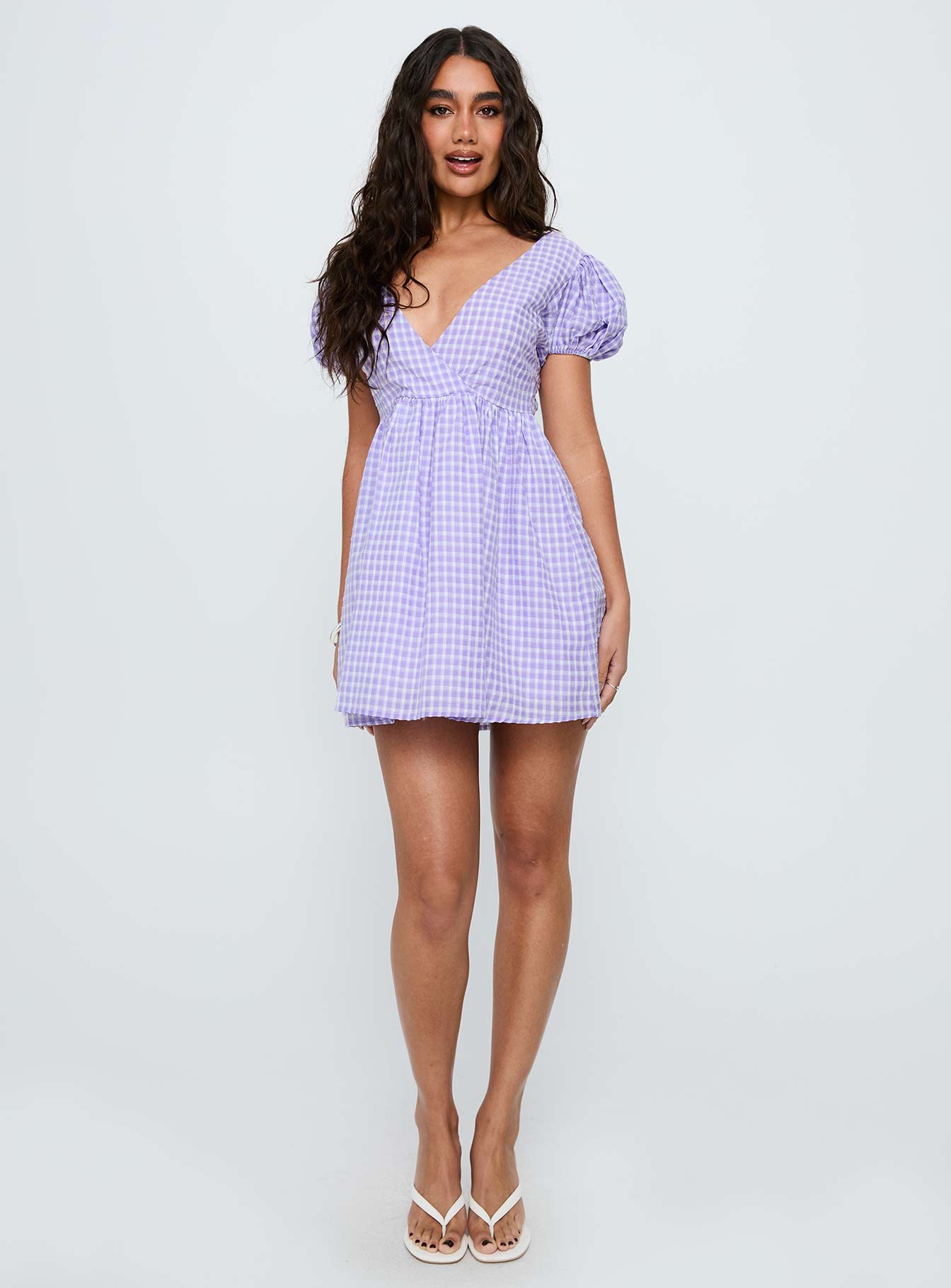 Chavelle Puff Sleeve Mini Dress Purple Check - Image 2