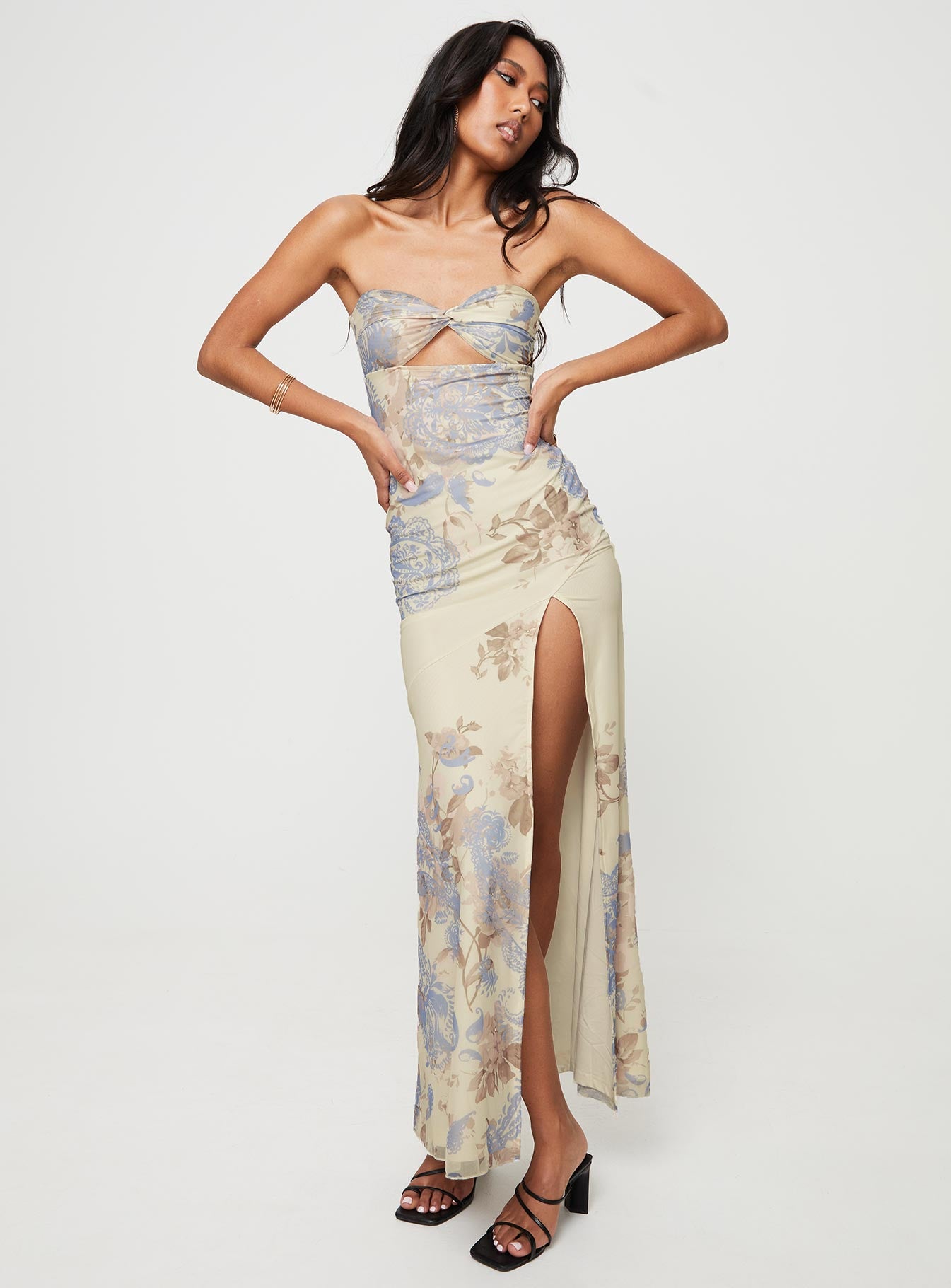 Kyanne High Split Maxi Dress Cream Multi - Image 3