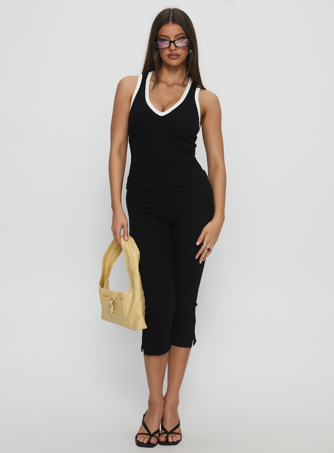 Baseline V Neck Rib Tank Top Black White - Image 3