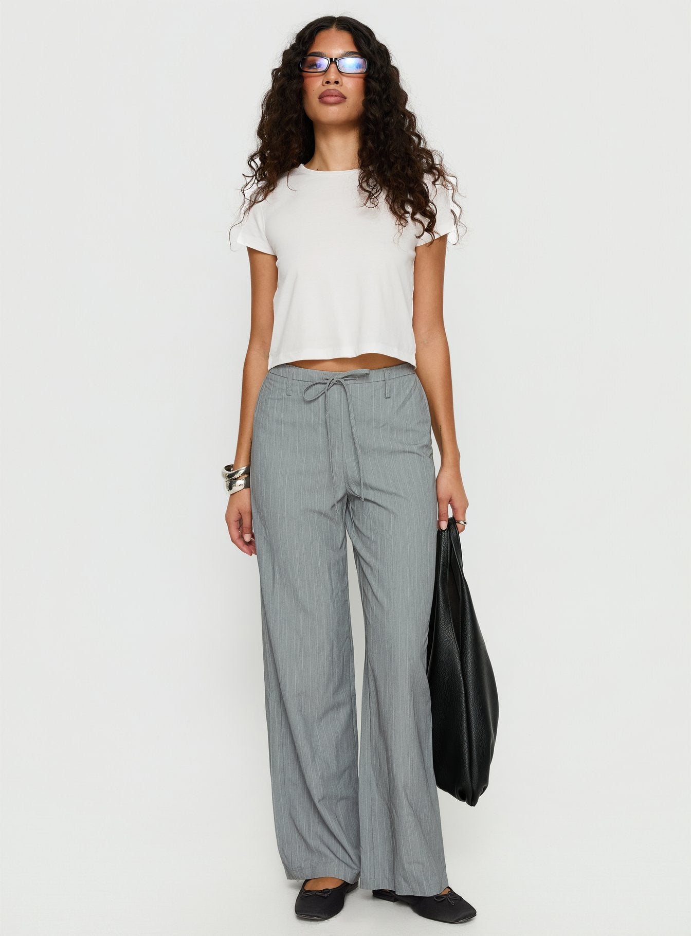 Idolised Tie Waist Pant Grey Pinstripe - Image 2