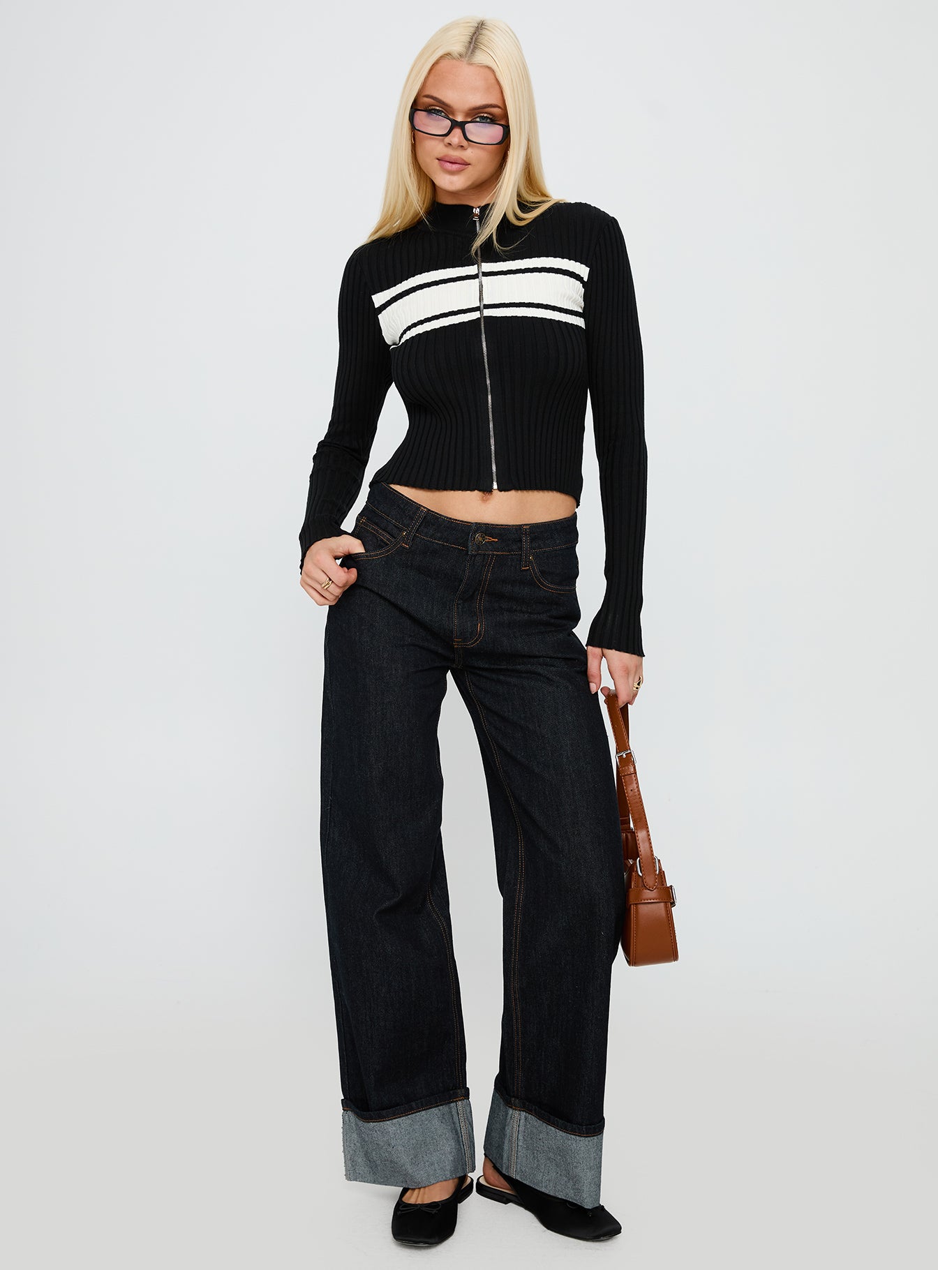 Decisive Zip Through Knit Sweater Black White - Image 3