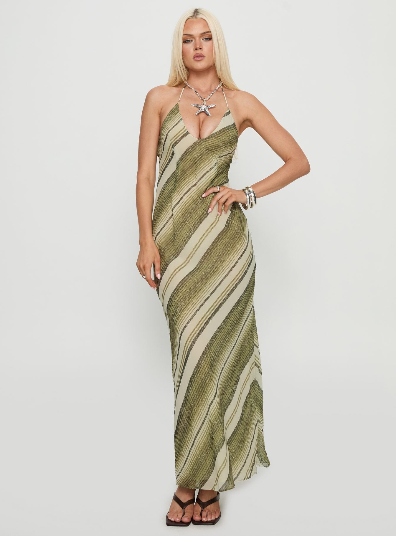 Esmira Halter Maxi Dress Green Stripe - Image 2