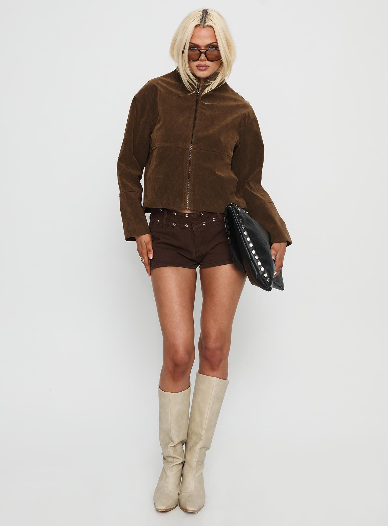 Jessalynn Faux Suede Zip Through Jacket Brown - Image 4