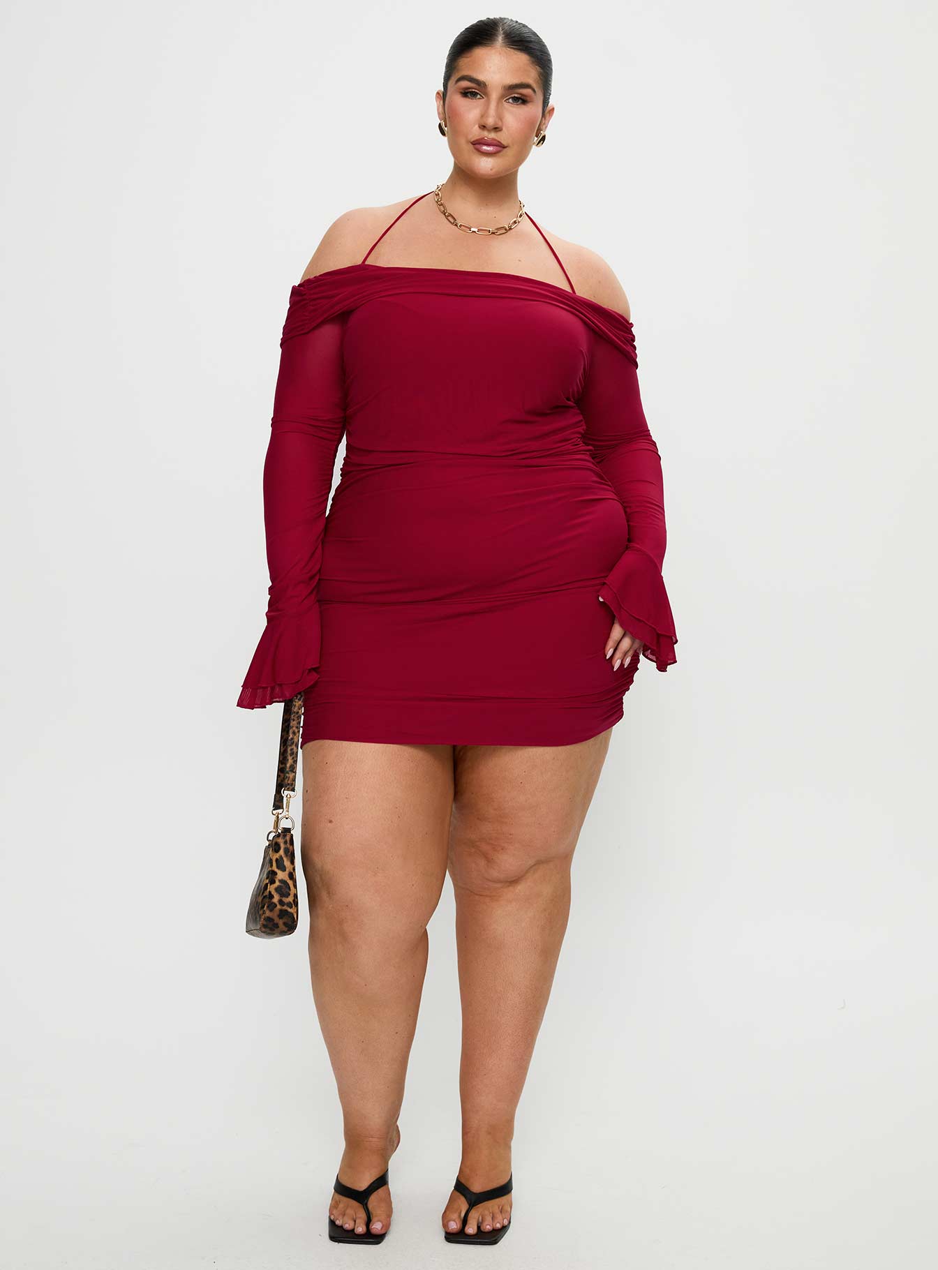 Taylon Off Shoulder Long Sleeve Mini Dress Red Curve - Image 3