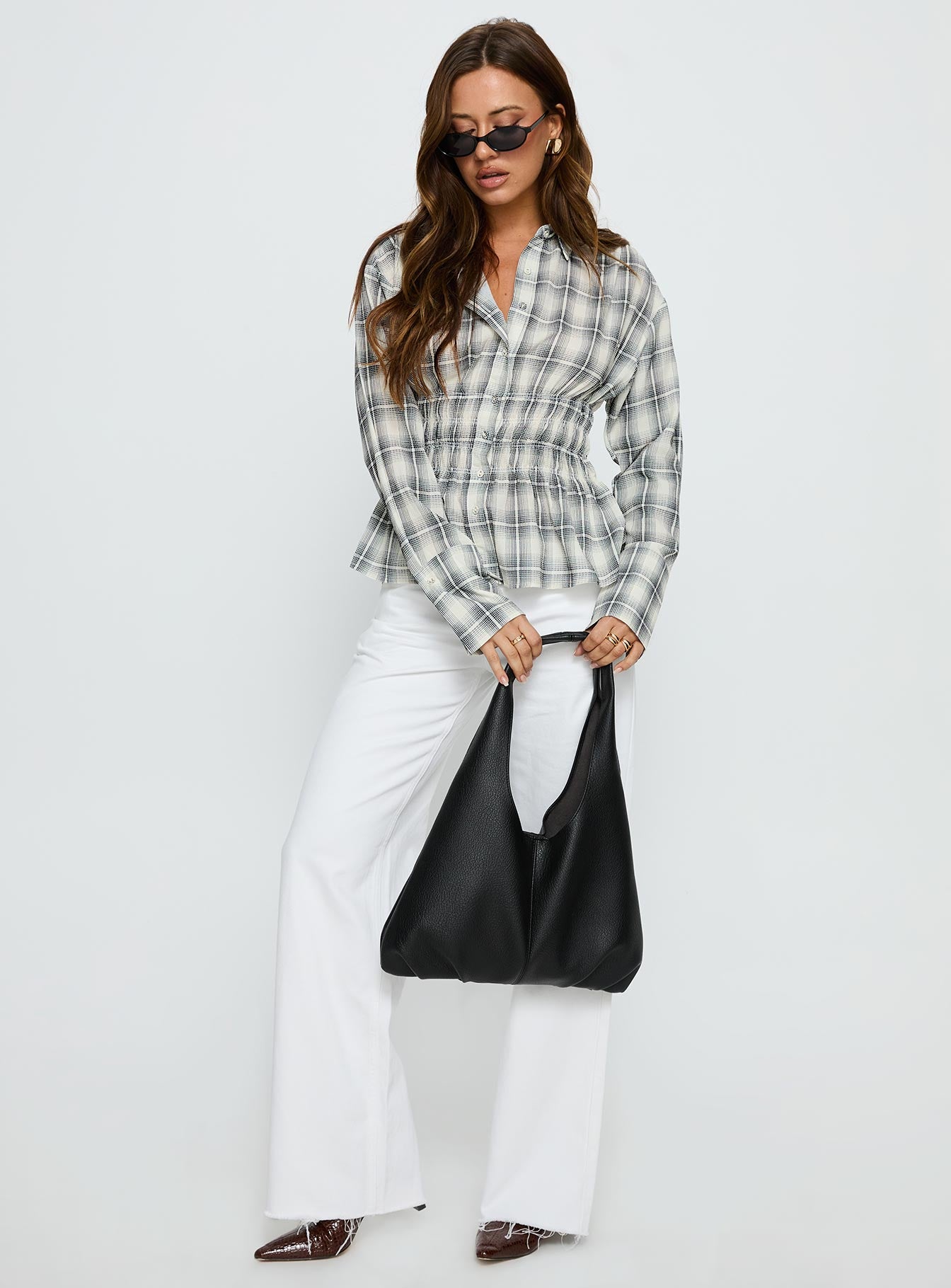 As You Are Shirred Button Up Top Black Check - Image 3
