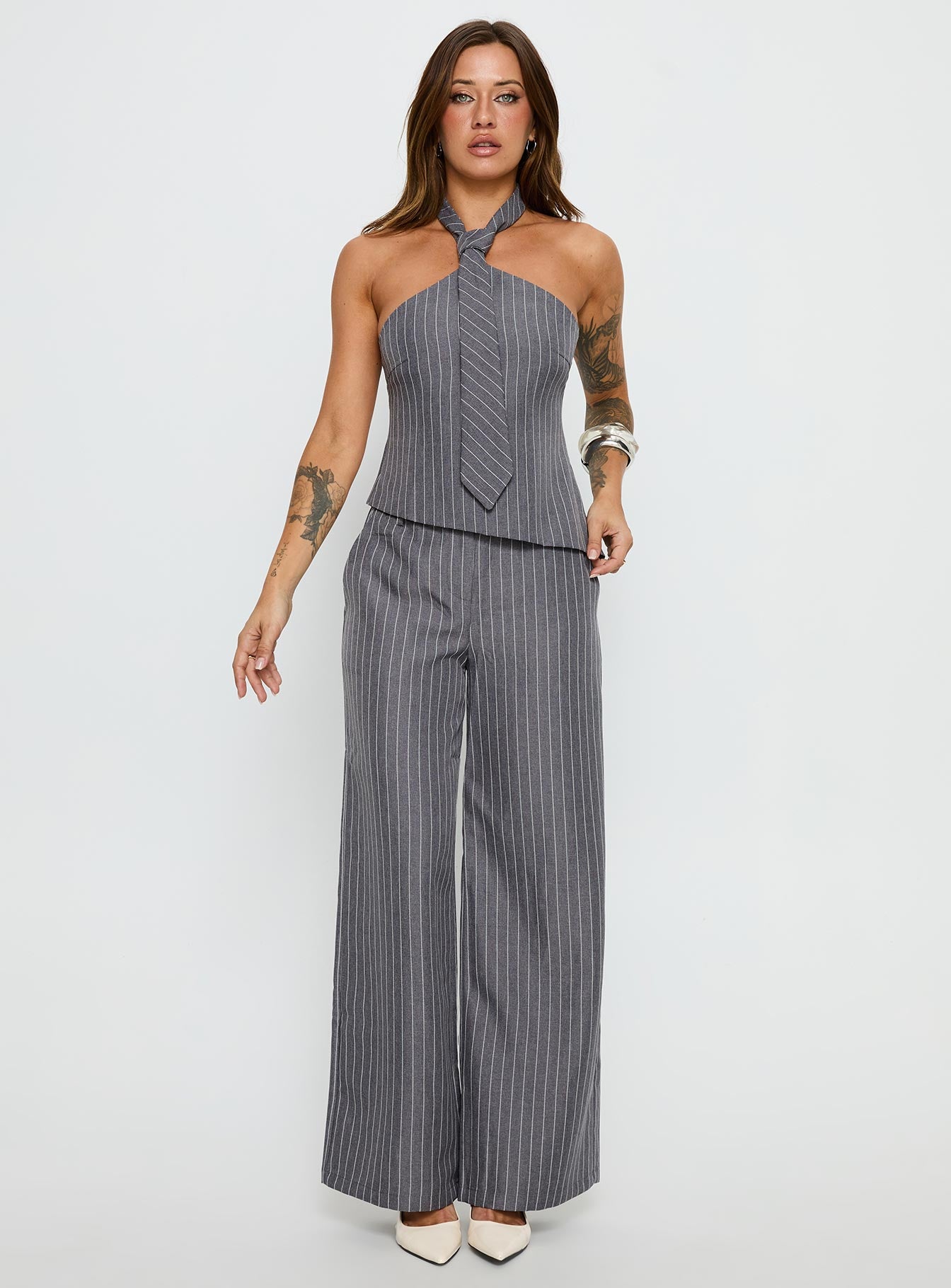 Uvelia Tie Detail Top Grey Pinstripe - Image 3