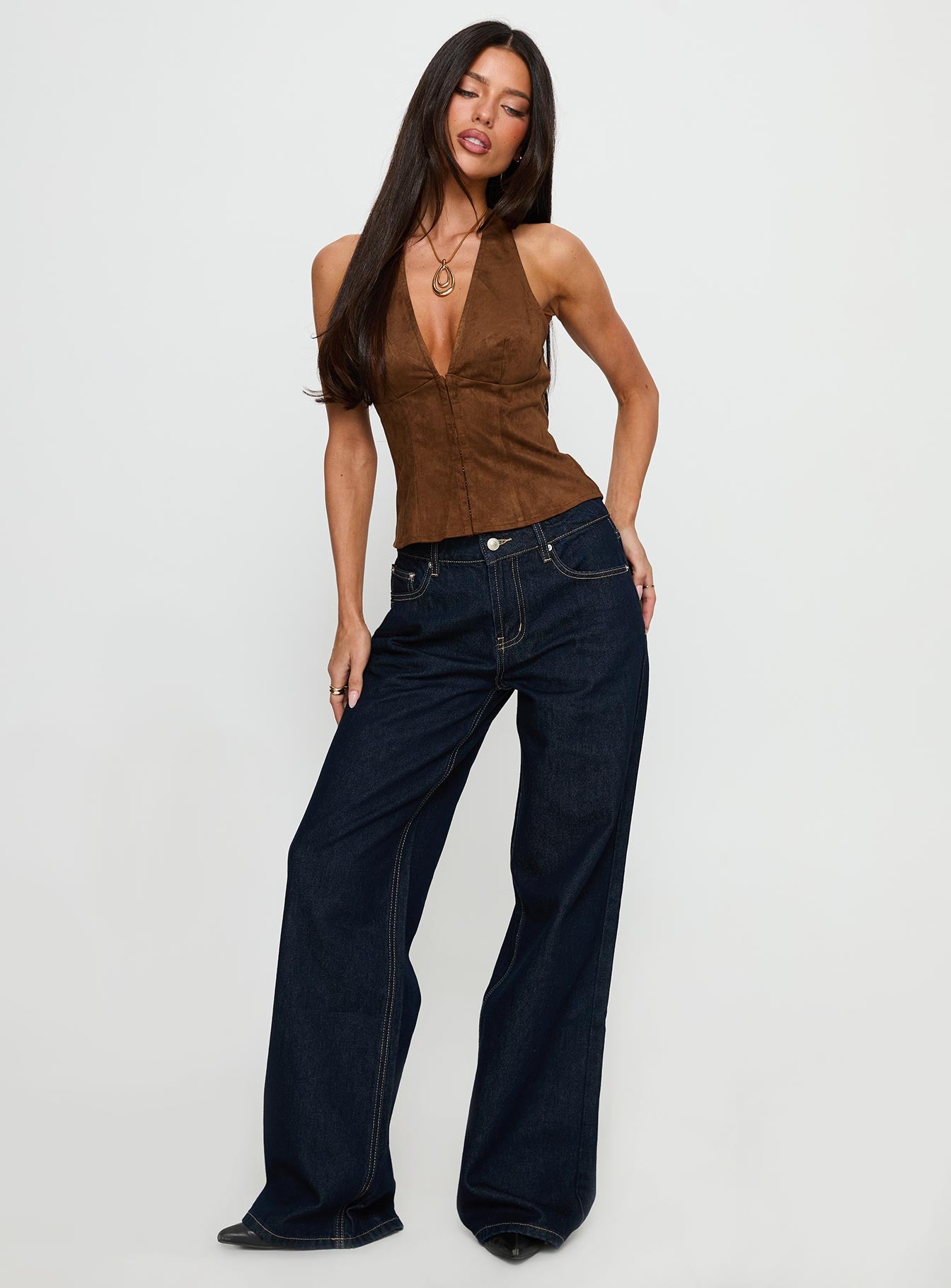 Dalyah Faux Suede Halter Top Brown - Image 3