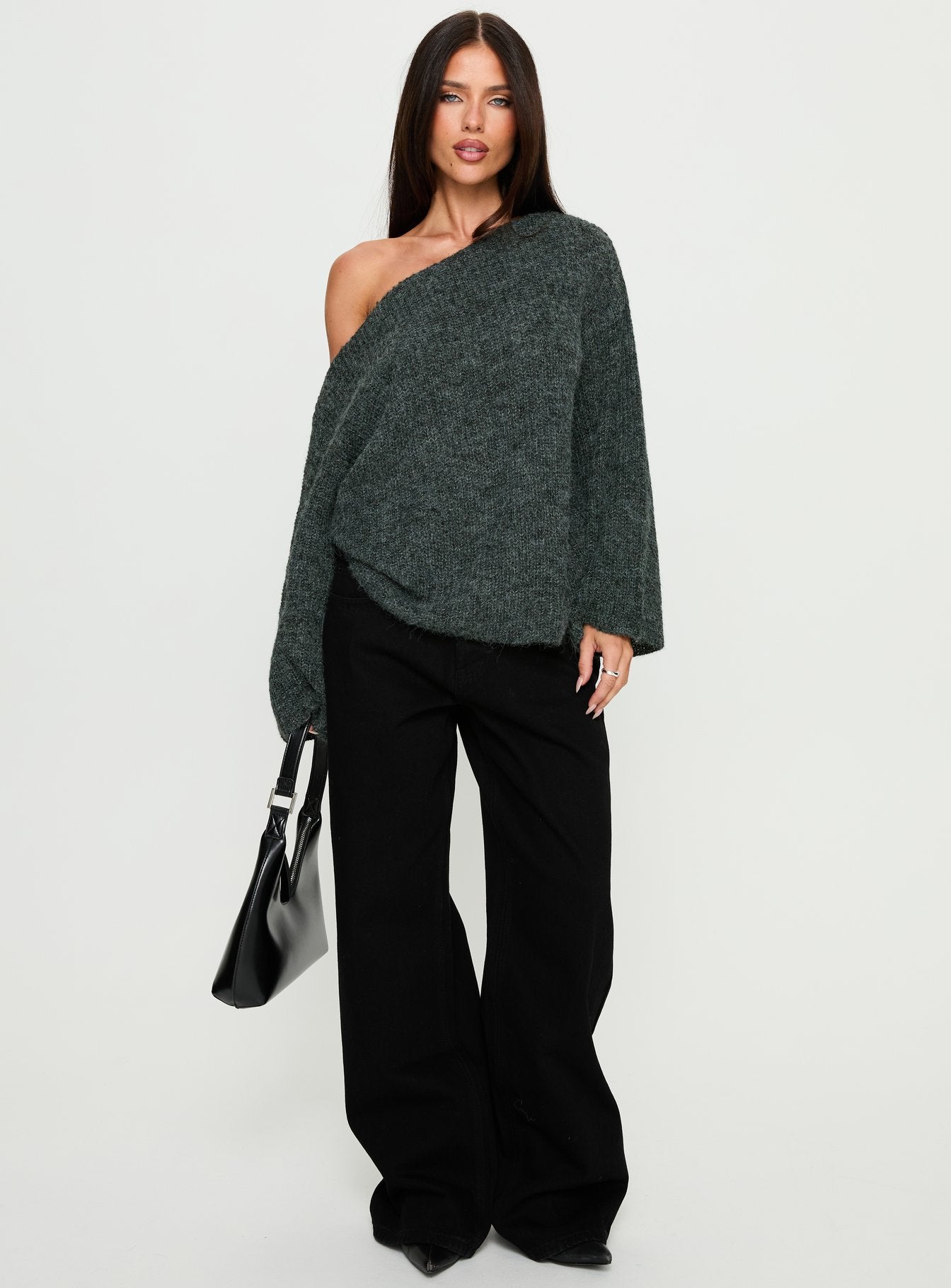 Delyn Off Shoulder Slouchy Knit Sweater Black Marle - Image 3