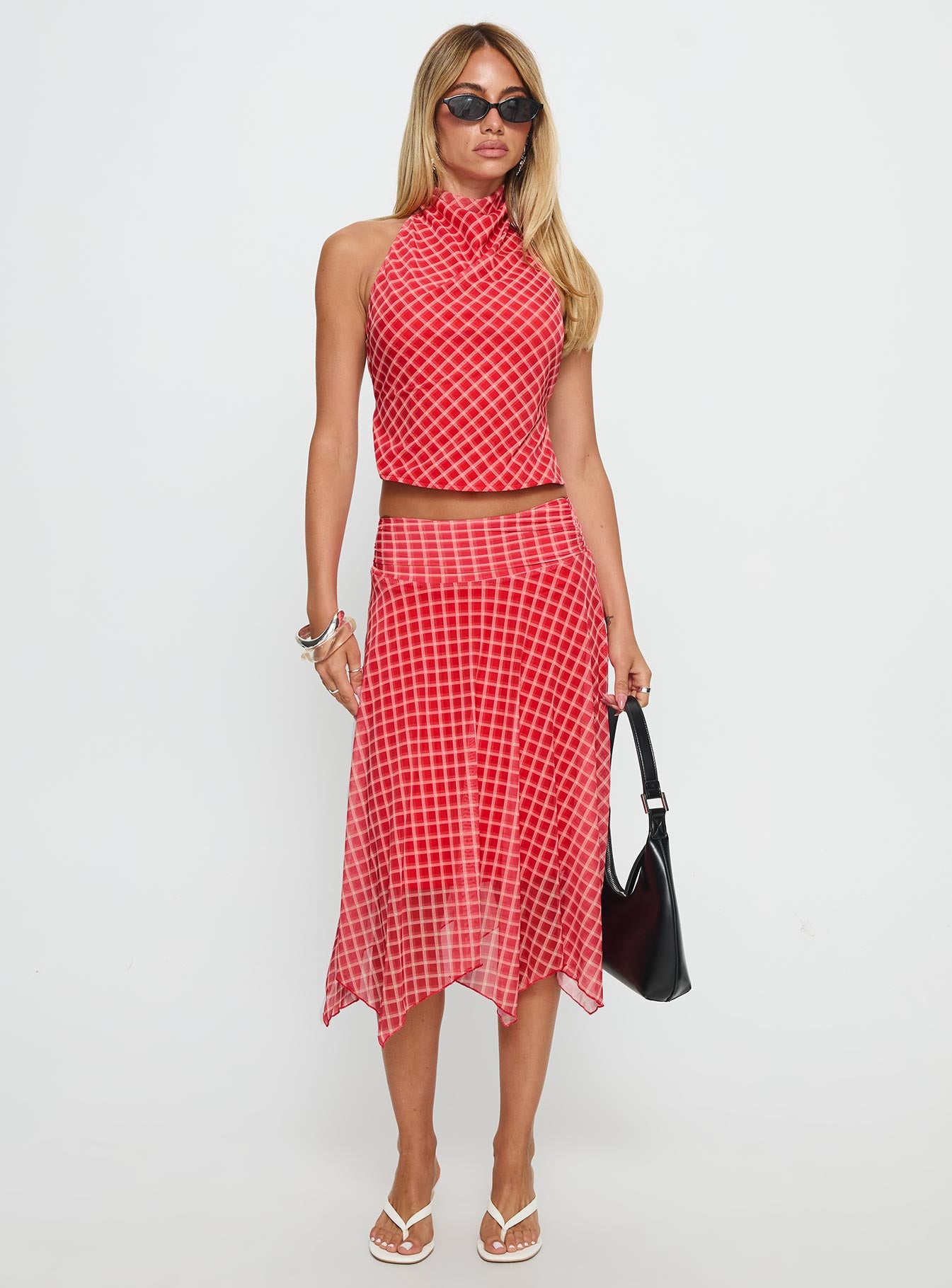 Scenic Route Asymmetrical Midi Skirt Red Check - Image 3