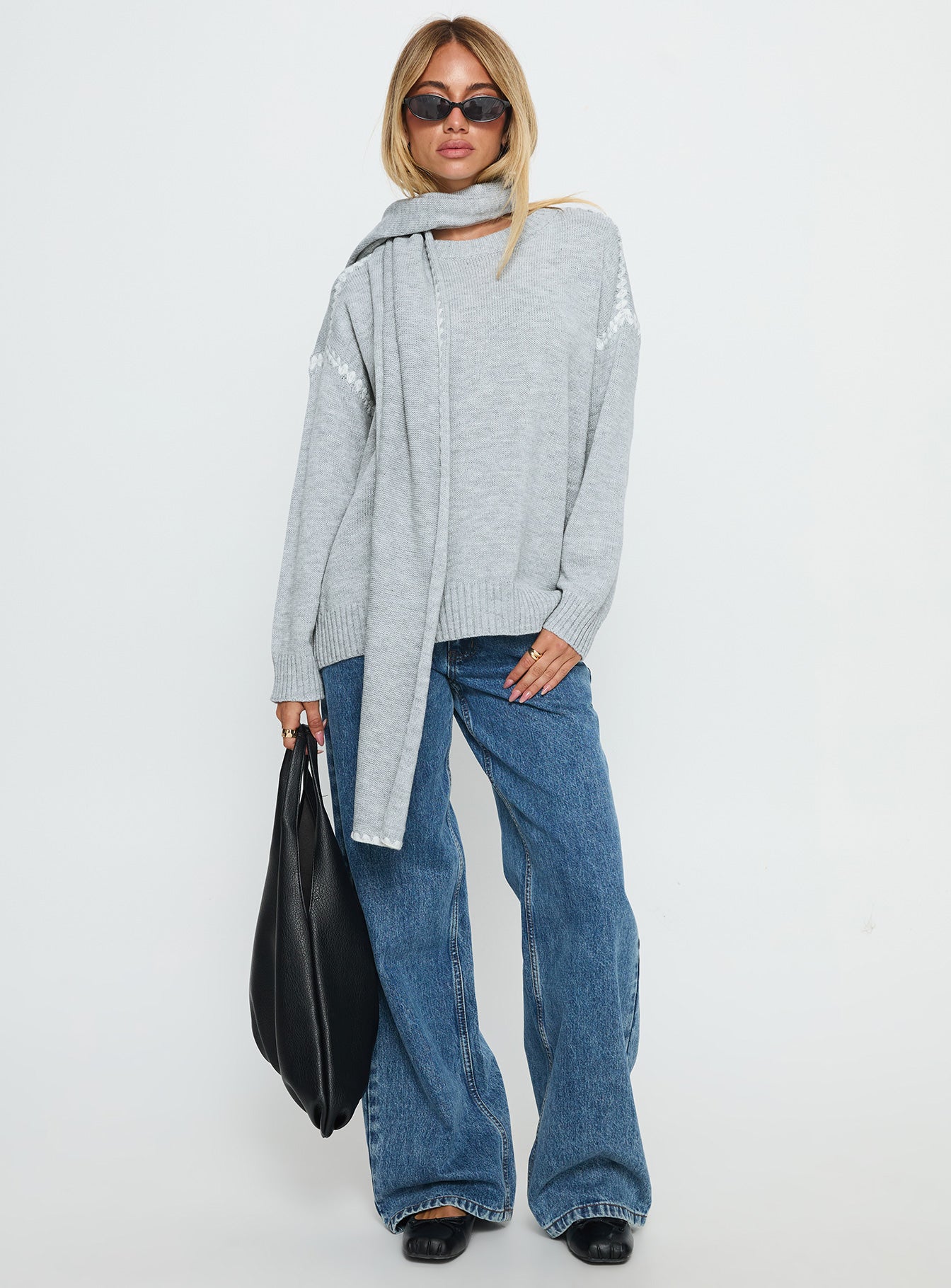 Keriana Contrast Stitch Knit Sweater Grey White - Image 3