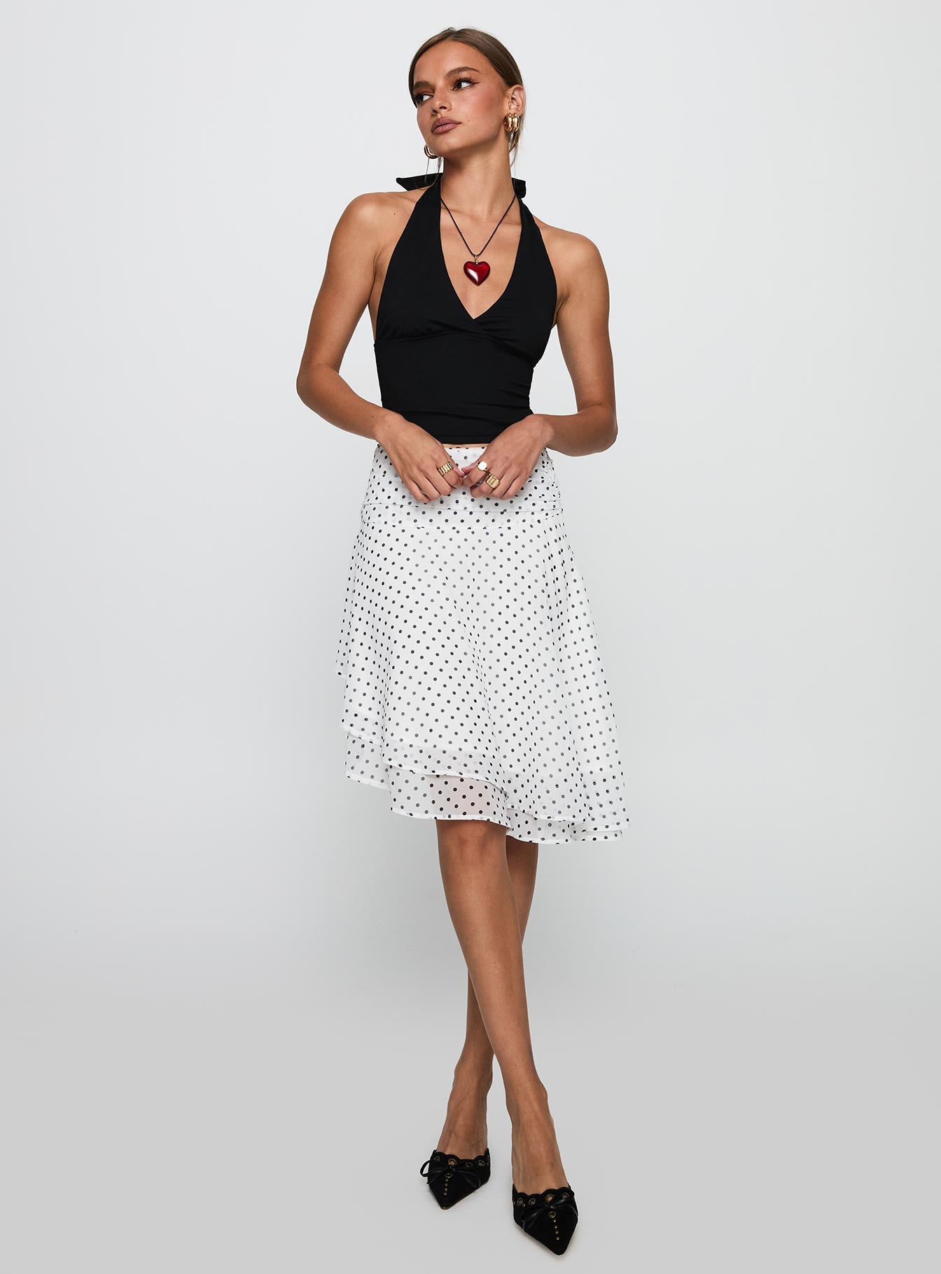 Evanescence Asymmetrical Midi Skirt White Polka Dot - Image 3