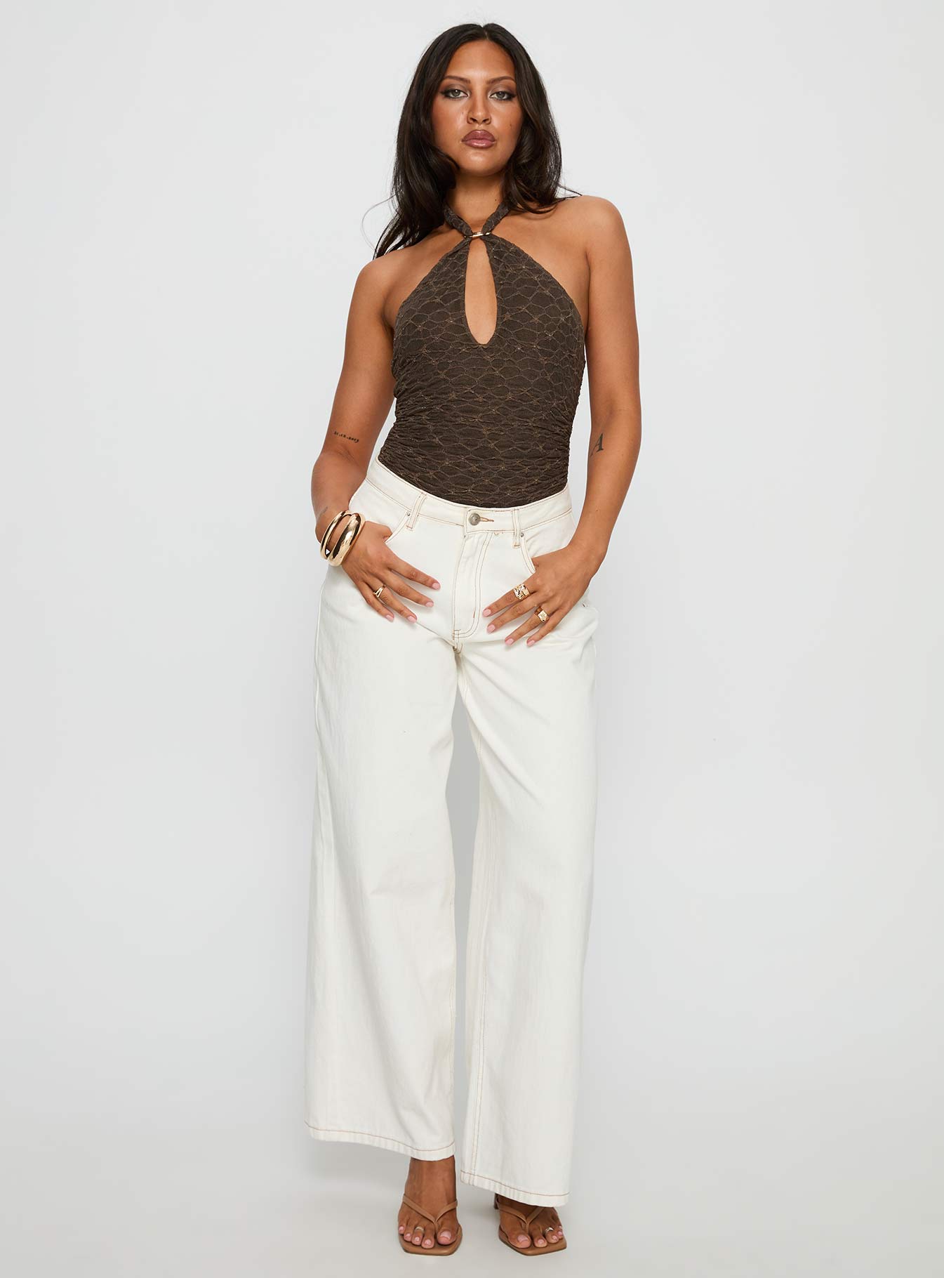 Libbey Hardware Detail Textured Bodysuit Brown - Image 2