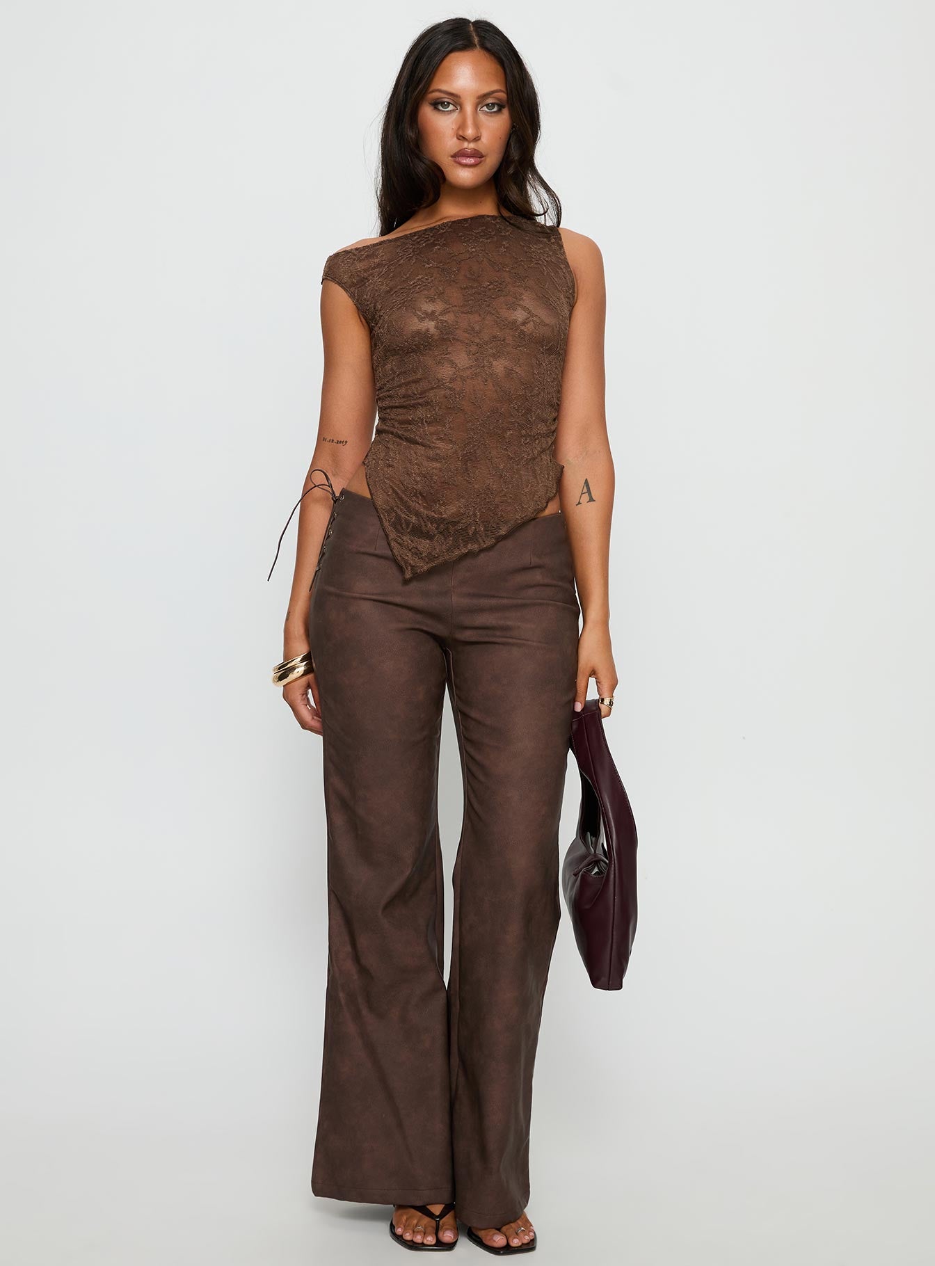 Decia One Shoulder Lace Top Brown - Image 3