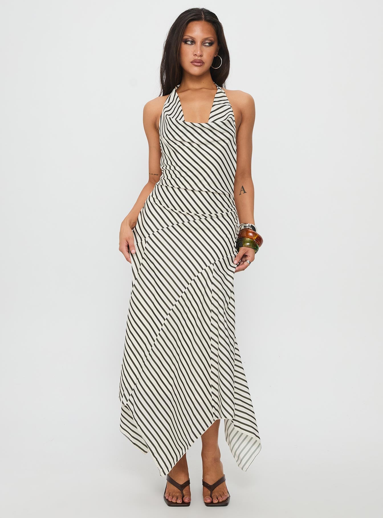 Junipa Halter Asymmetrical Maxi Dress White Stripe - Image 3