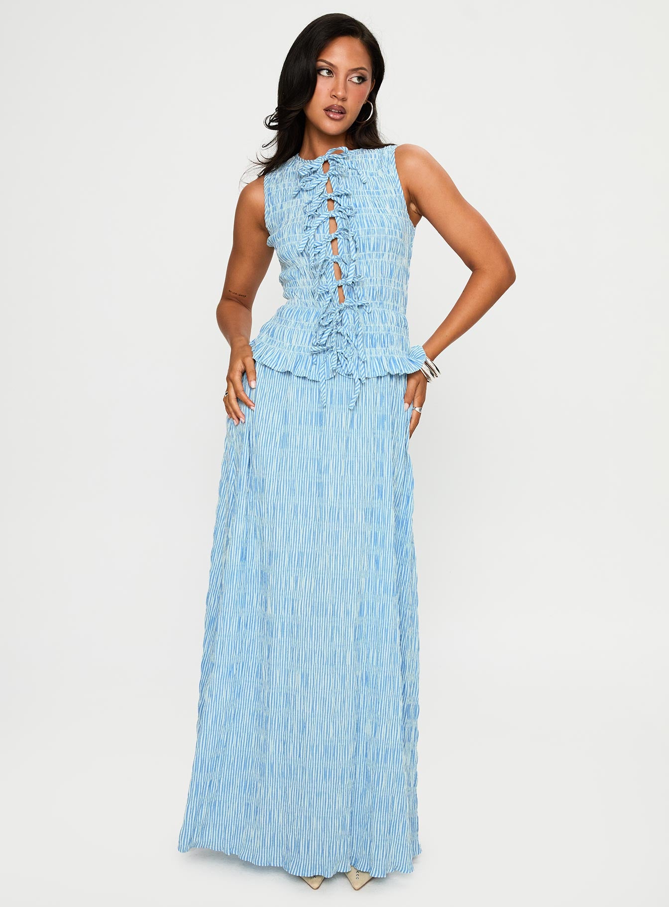 Songbird Shirred Maxi Dress Blue - Image 2