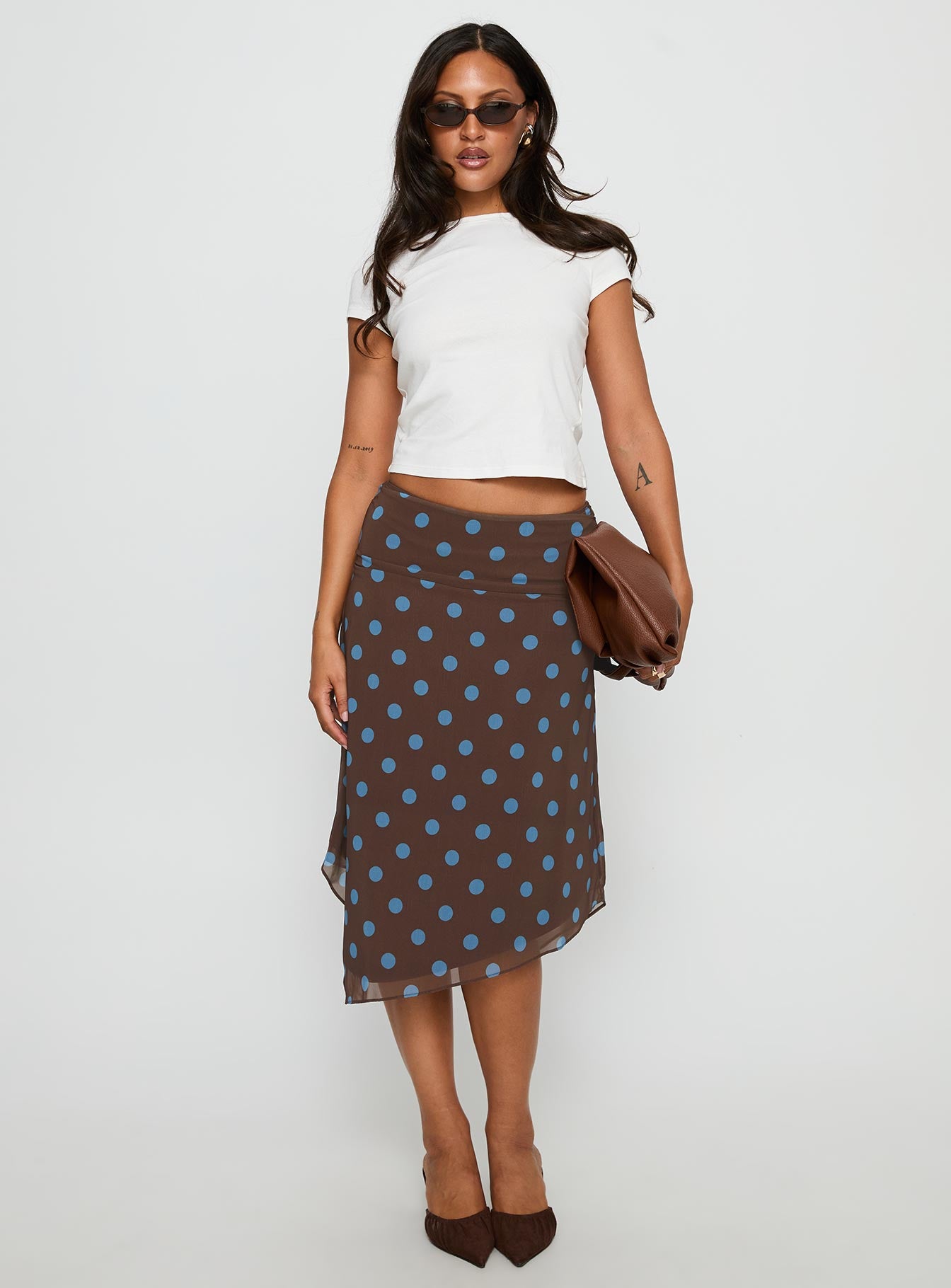 Daphene Asymmetrical Midi Skirt Brown Blue Polka Dot - Image 3