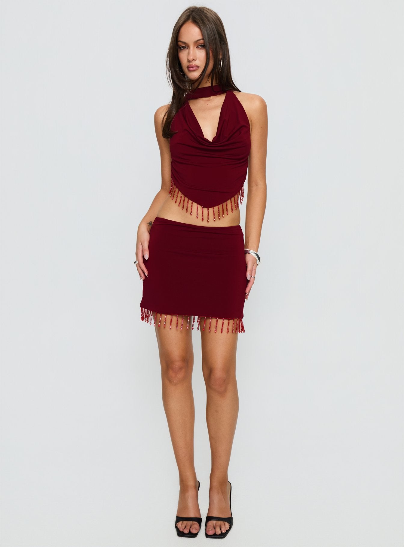Ginah Bead Tassel Mini Skirt Red - Image 3