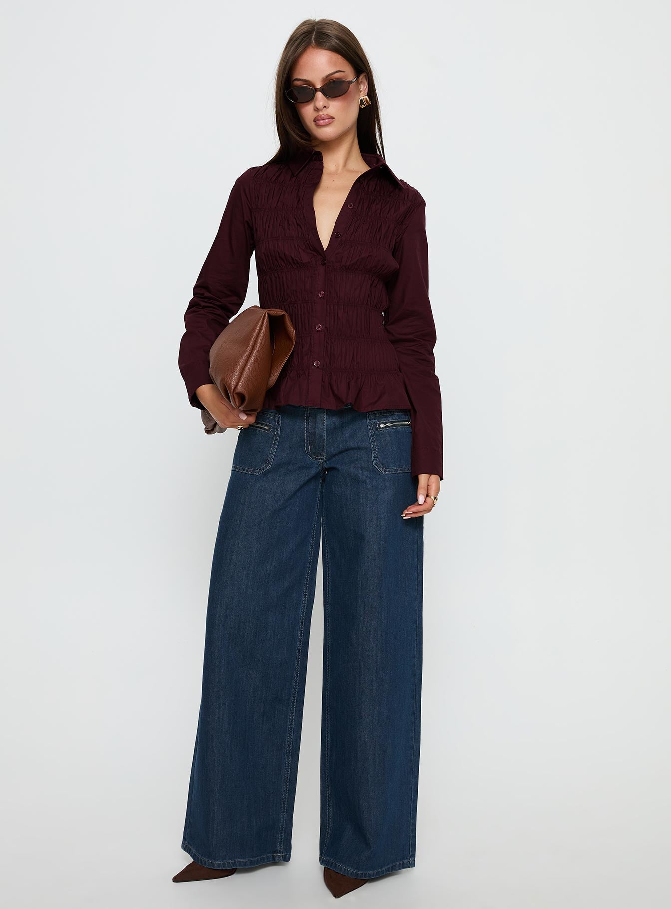 Cultivate Shirred Long Sleeve Top Plum - Image 2