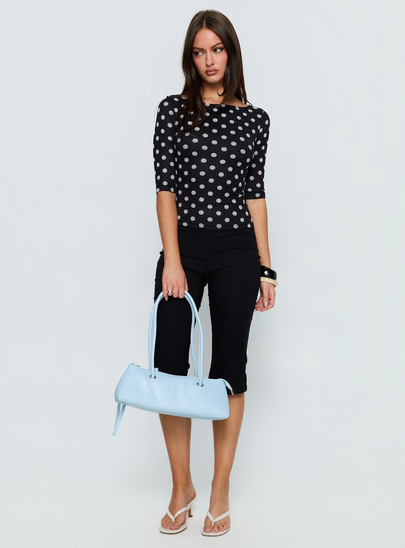 Venna 34 Sleeve Boat Neck Top Black White Polka - Image 3