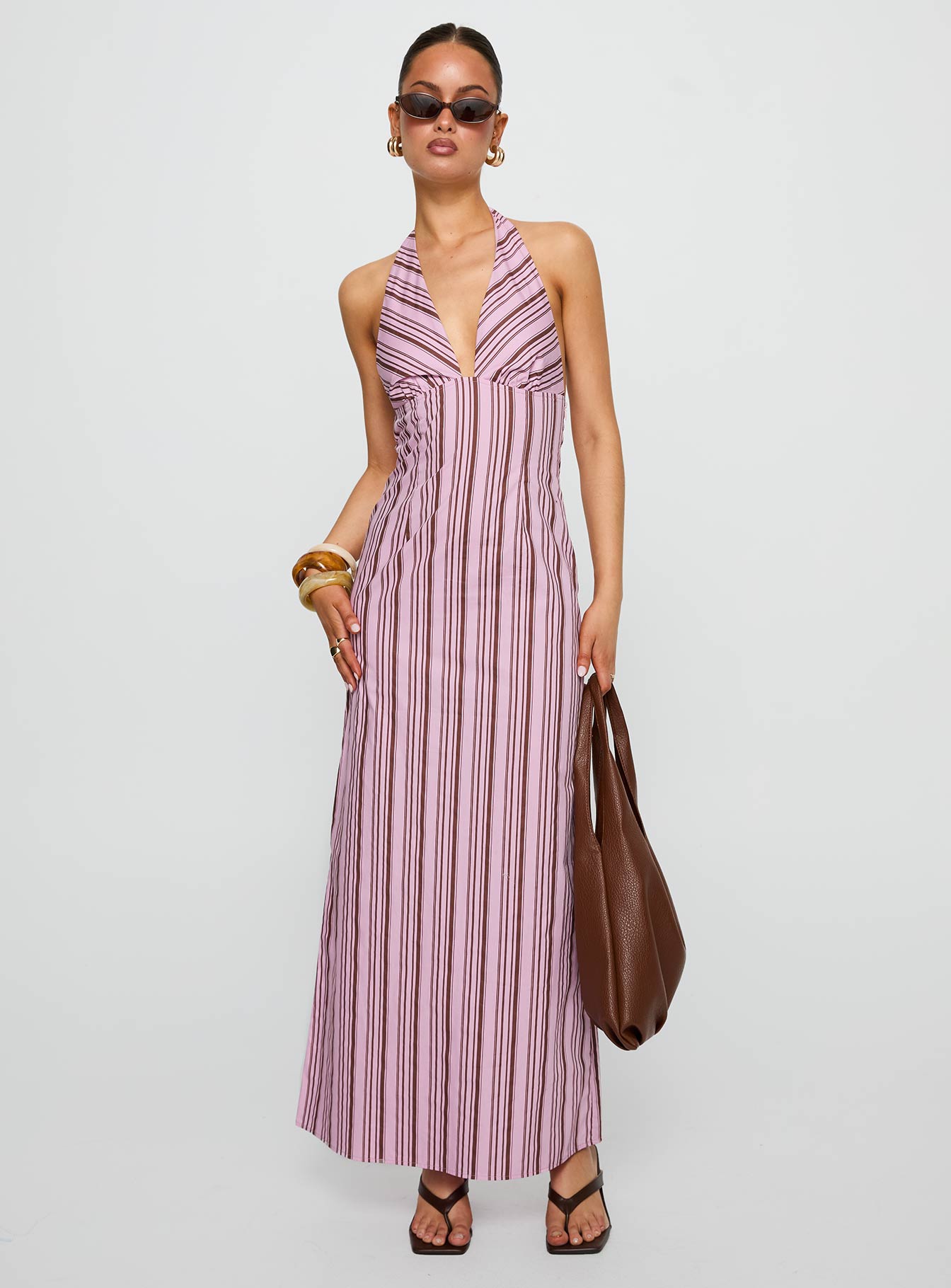 Avrie Halter Maxi Dress Pink Brown Stripe - Image 3