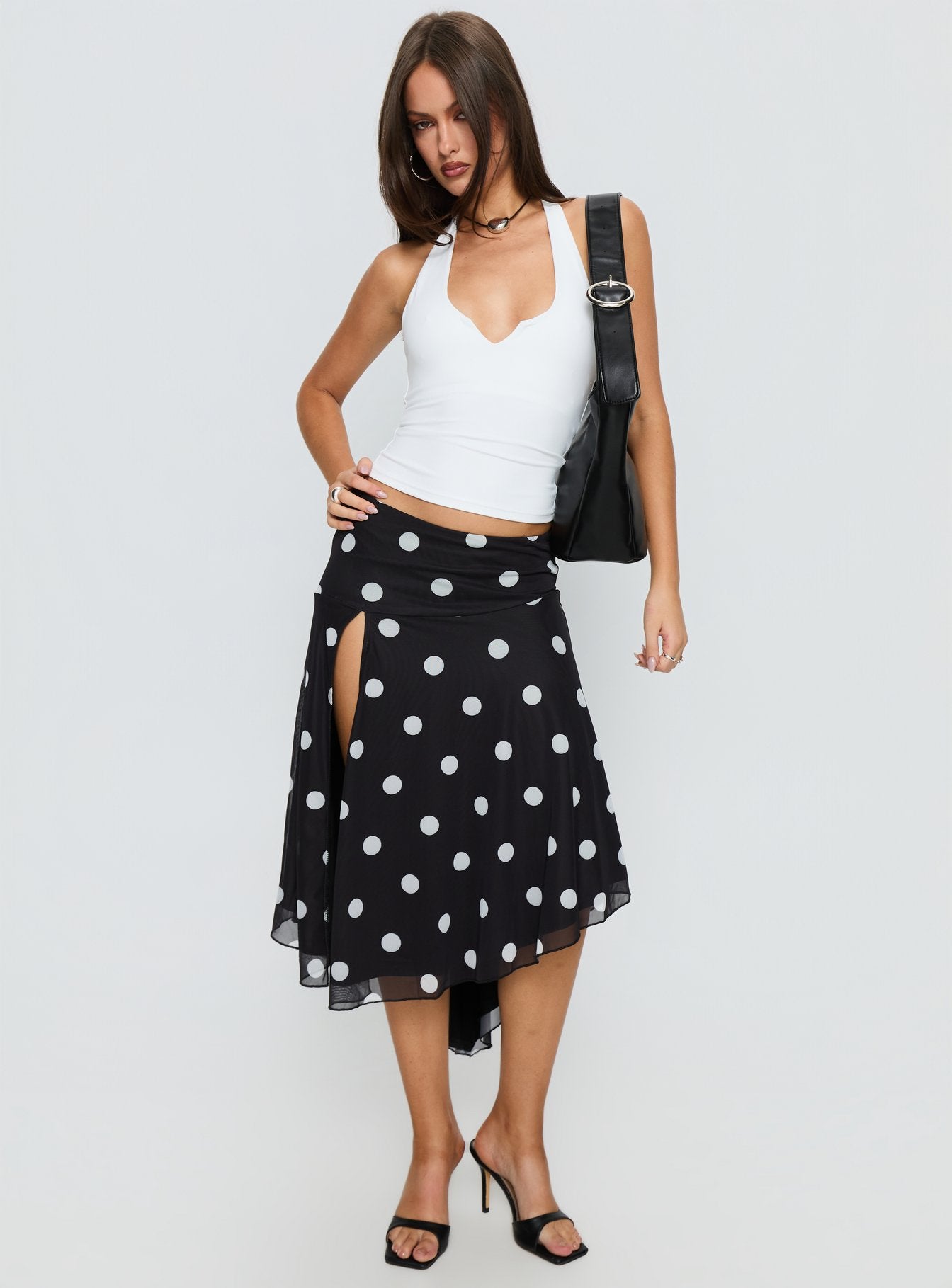 Dulciana High Split Asymmetrical Midi Skirt Black Polka Dot - Image 3